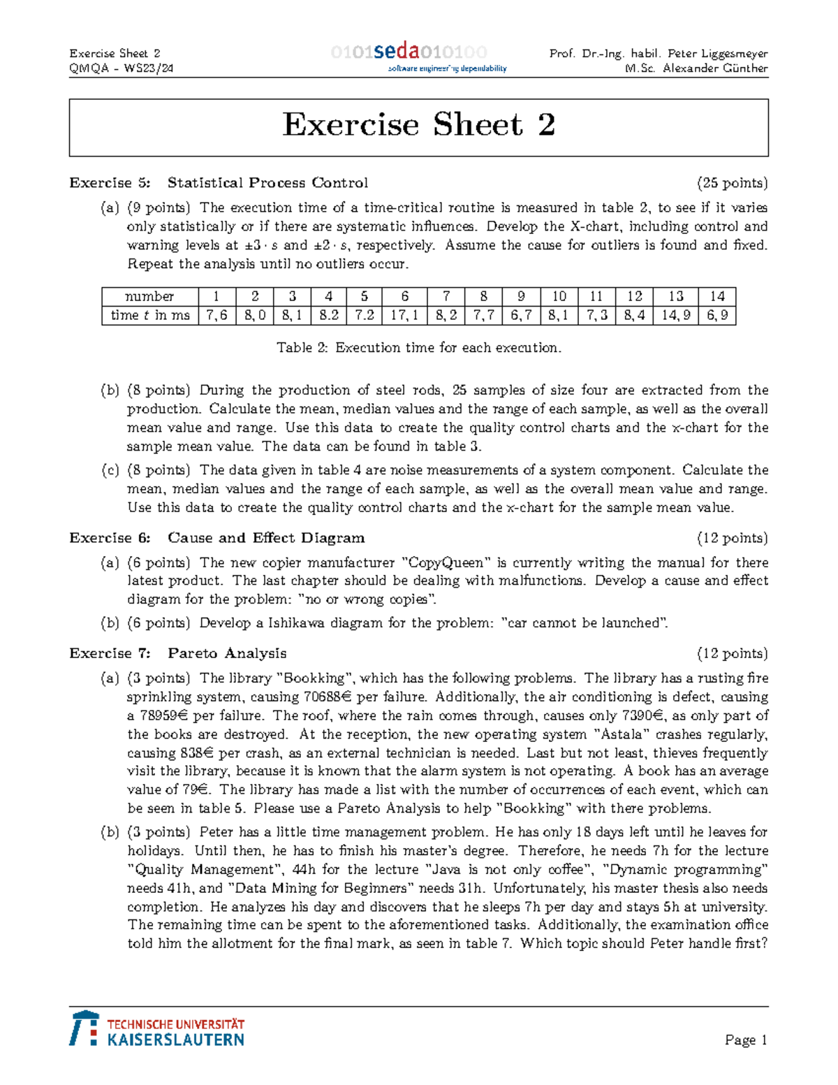 QMQA Exercise Sheet 2 - Statistical Process Control & Analysis - Studocu