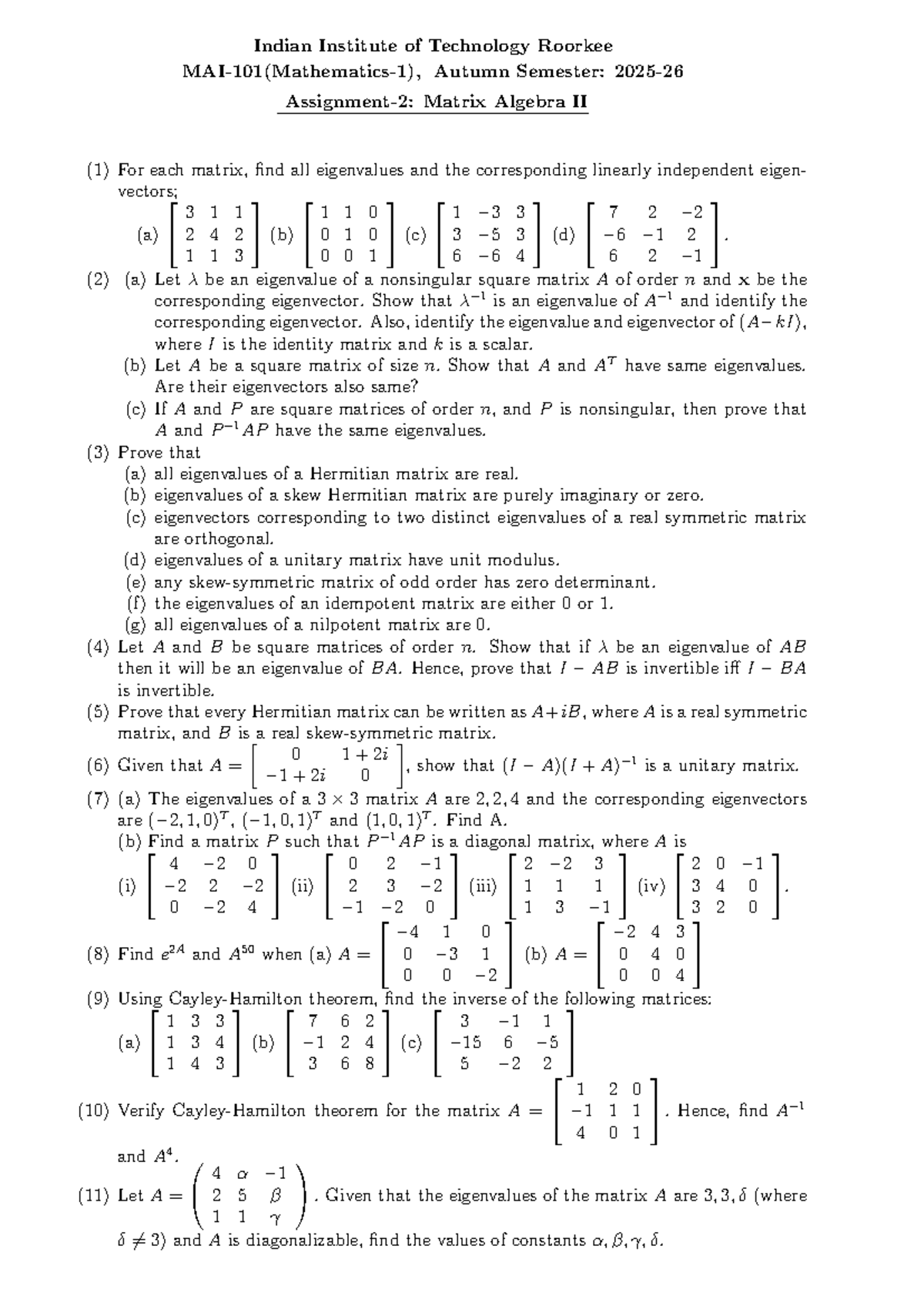 Matrix Algebra II (Assignment-2): Eigenvalues and Eigenvectors Analysis -  Studocu