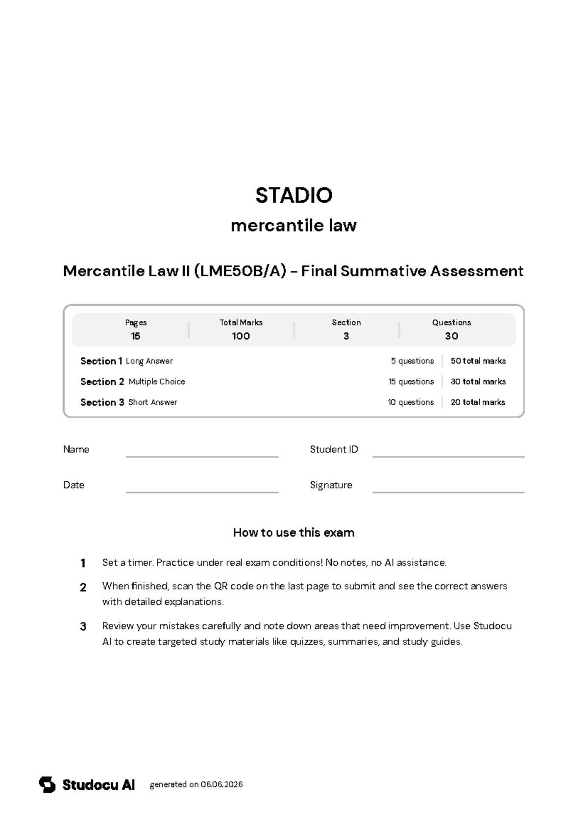Mercantile Law II (LME50B/A) - Final Exam - Studocu