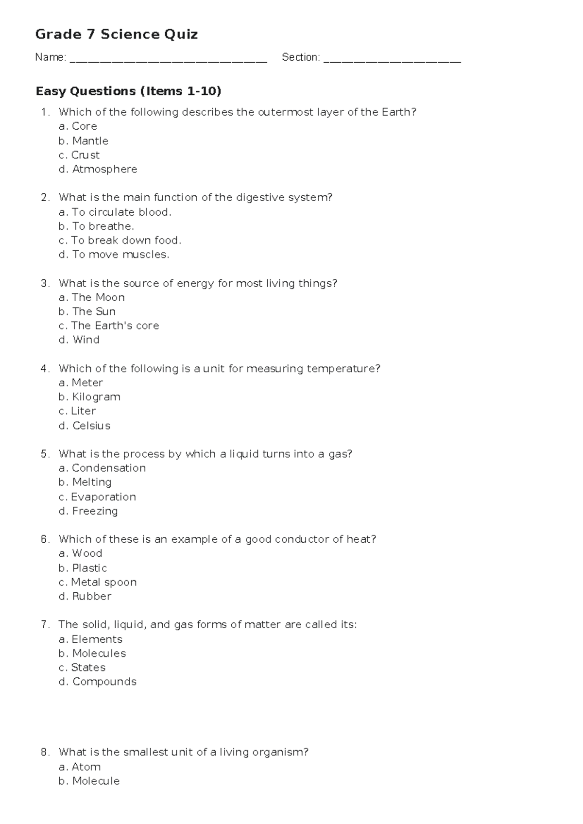 Grade 7 Science Quiz: MATATAG Curriculum 2025 - Studocu