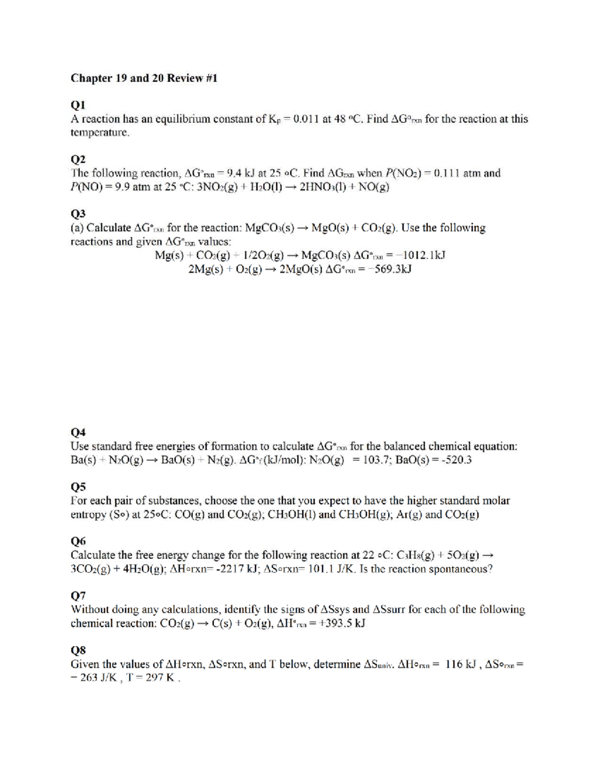 Chapter 19 & 20 Review: Equilibrium, Free Energy, and Redox Reactions ...