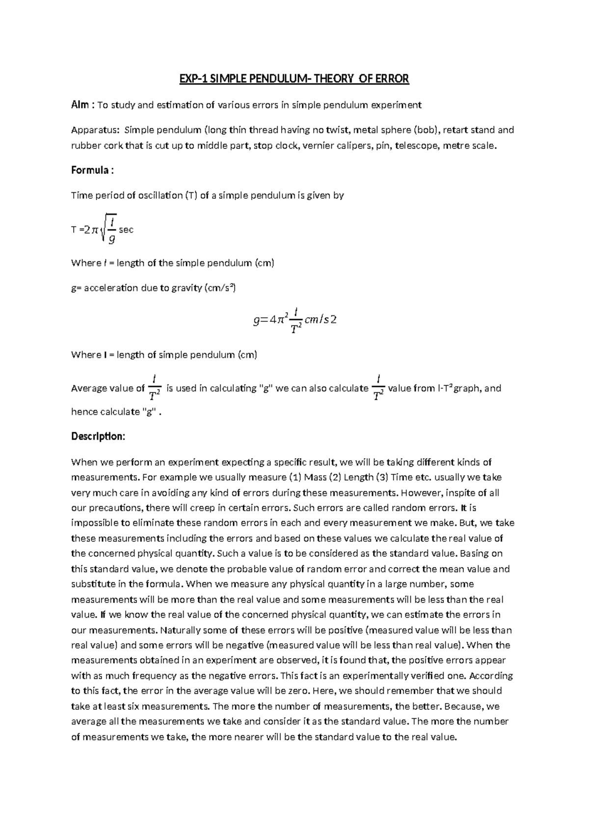 Error Estimation in Simple Pendulum Experiment - Lab Material - Studocu