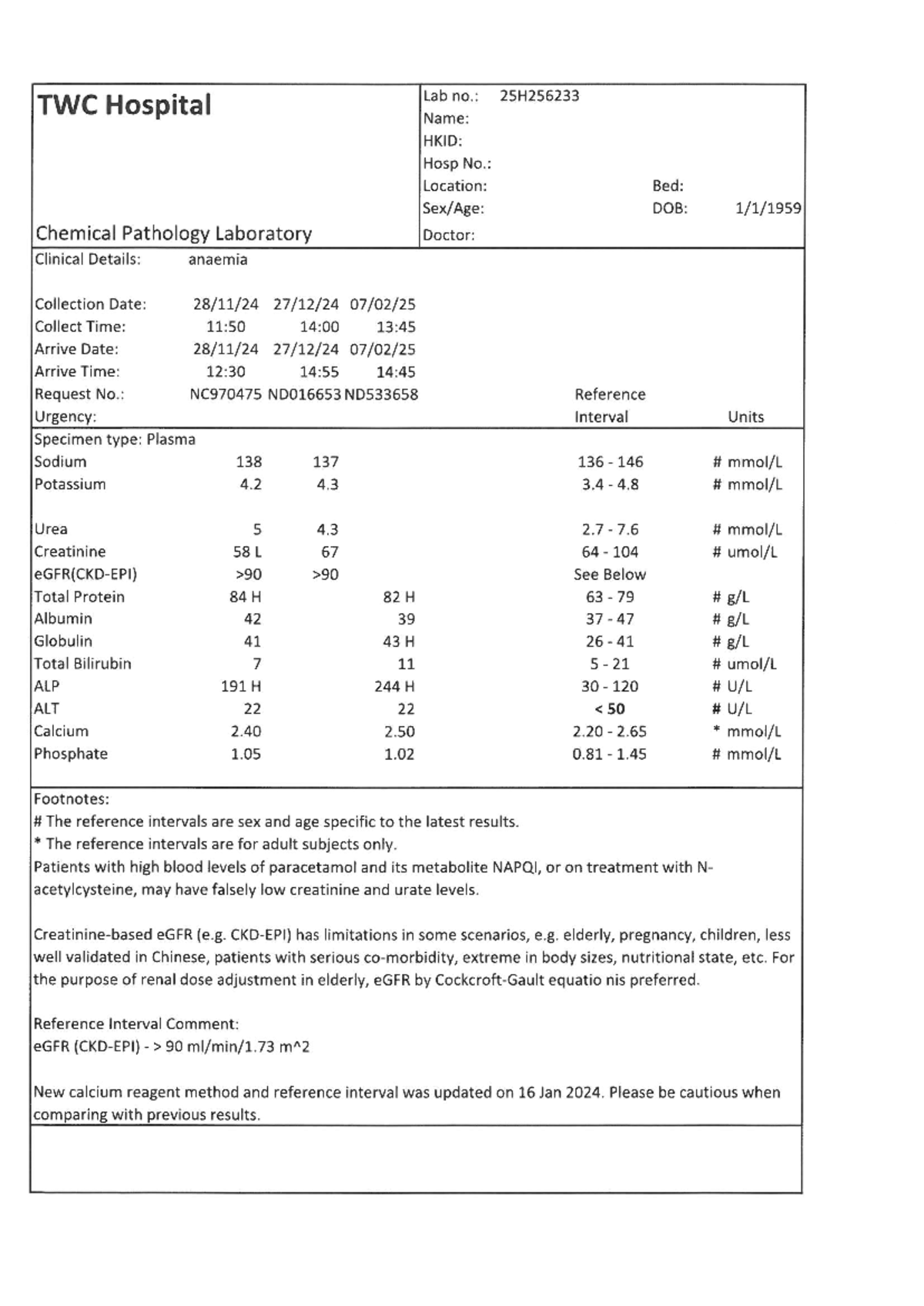 Chemical Pathology Lab Report: TWC 25H256233 & 25H133566 - Studocu