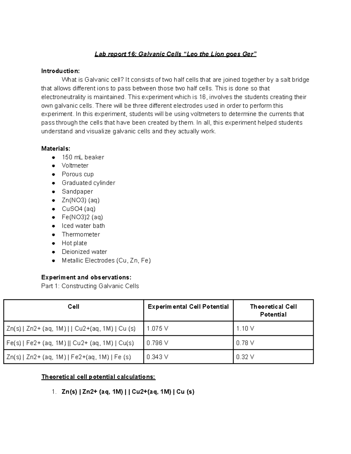 Lab 16: Galvanic Cells Experiment Report and Analysis - Studocu