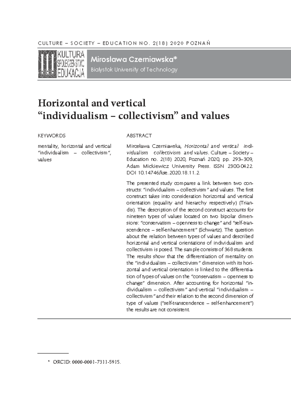 Horizontal and Vertical Values in Individualism and Collectivism - Studocu
