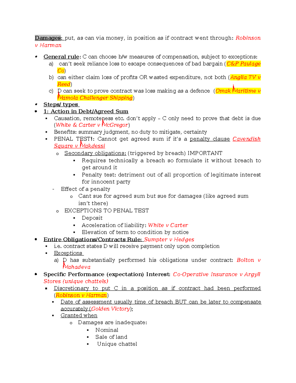 Contract Law Notes: Damages, Remedies, and Key Cases (LAW101) - Studocu