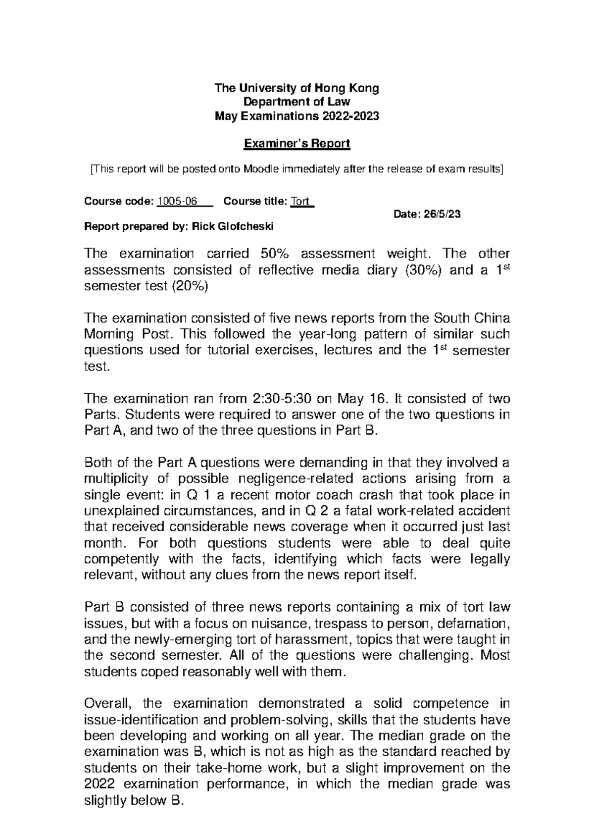 LLAW1006 Tort Law May 2023 Exam Report and Analysis - Studocu