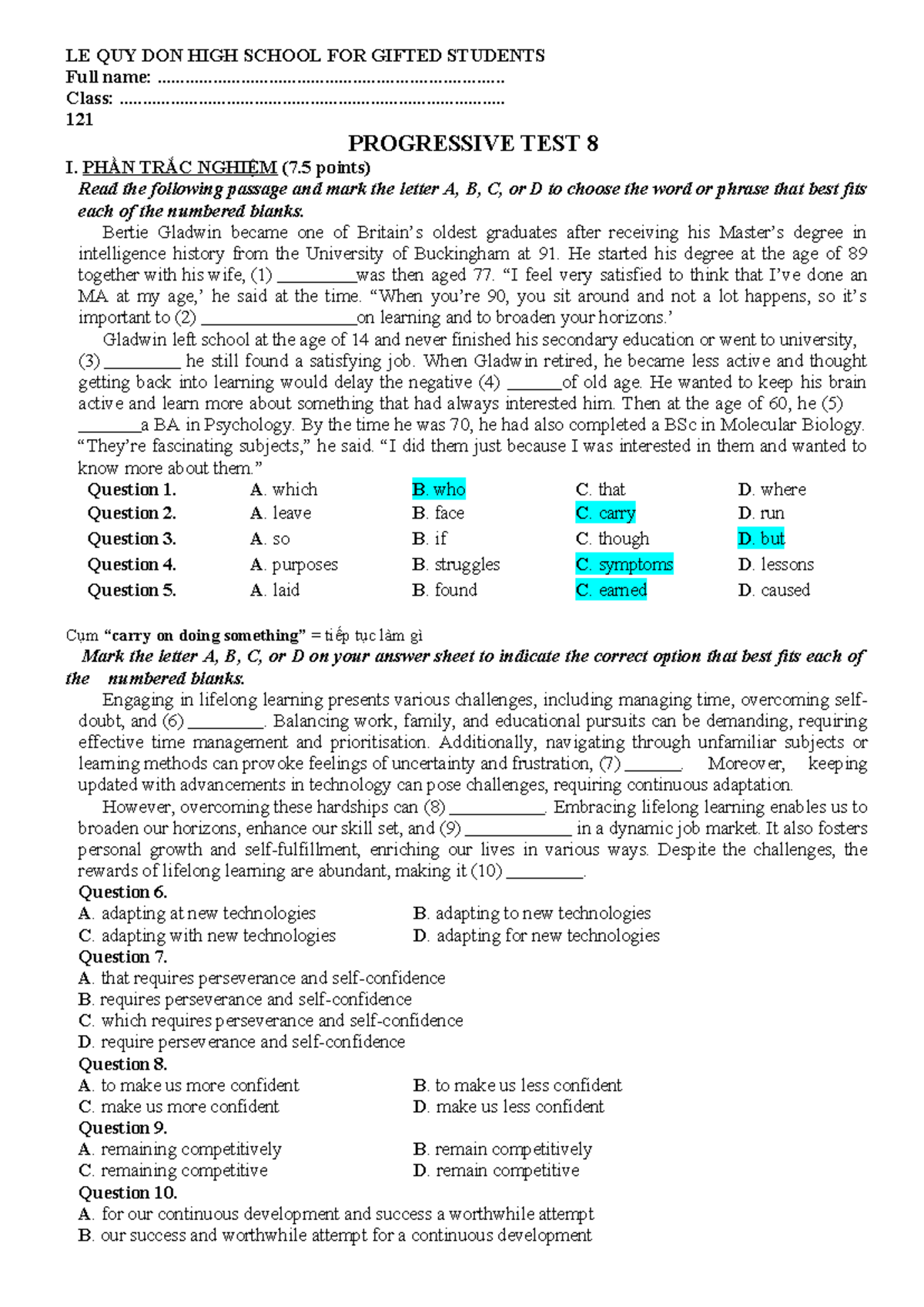 Progressive Test 8 - 121: Lifelong Learning and Study Skills - Studocu