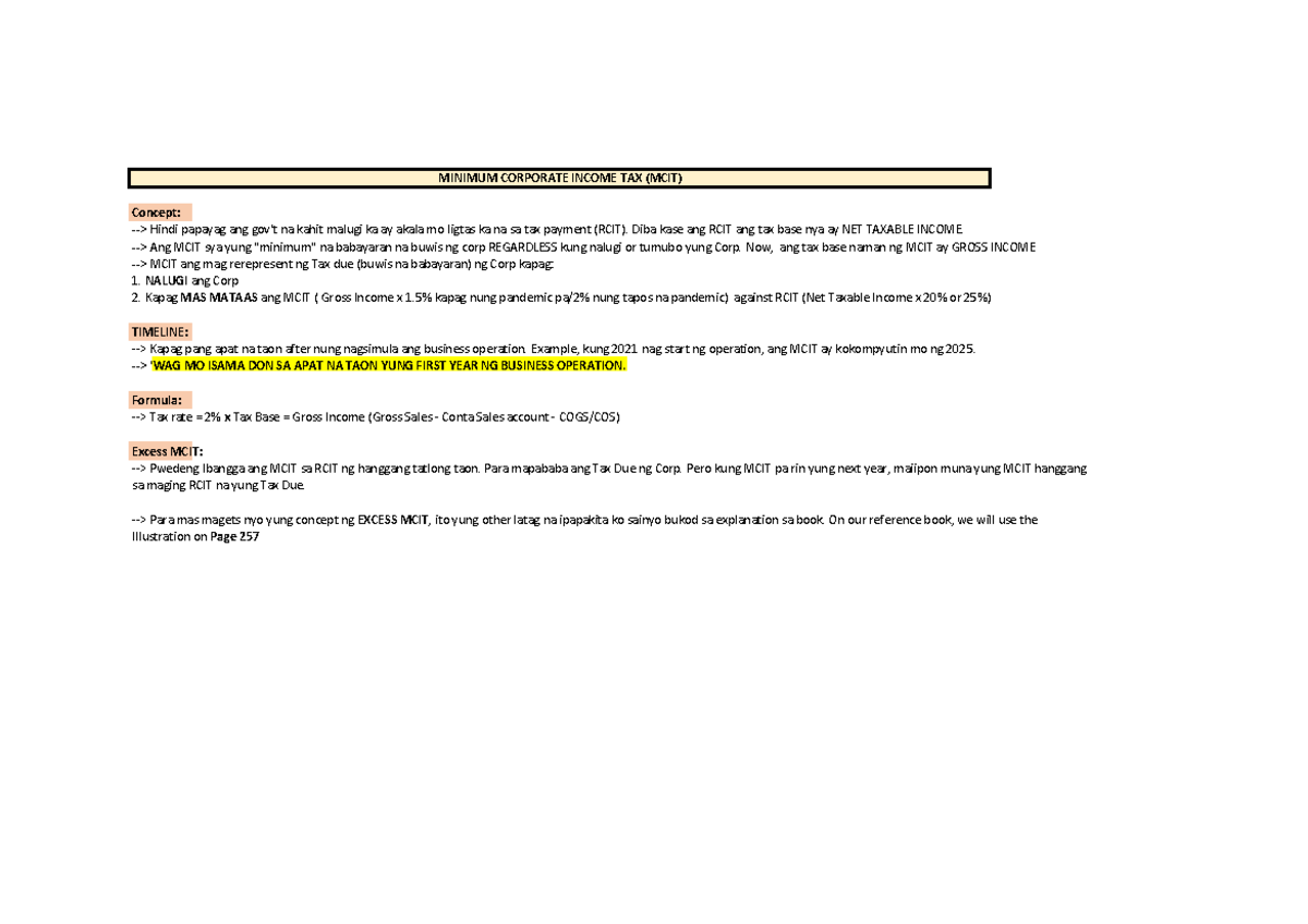 MCIT K: Comprehensive Notes on Minimum Corporate Income Tax - Studocu