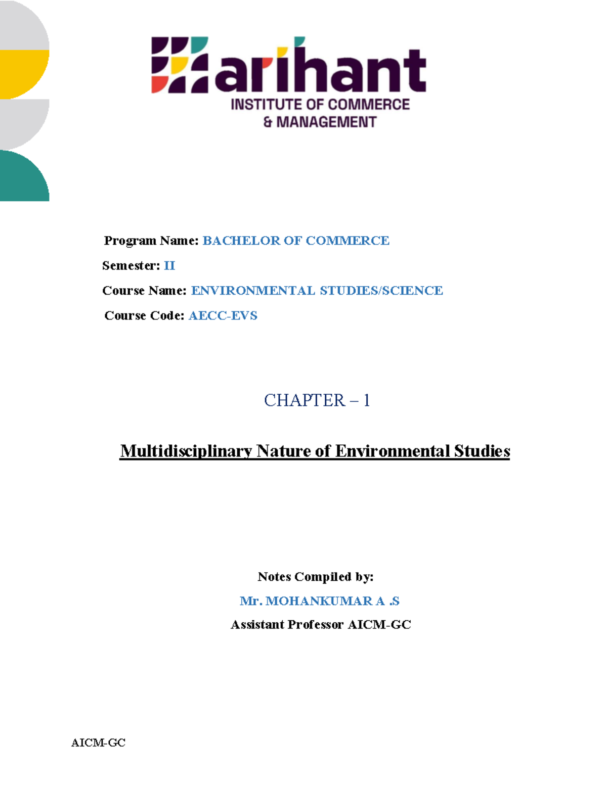 EVS 2: Chapter 1 - Multidisciplinary Nature of Environmental Studies ...