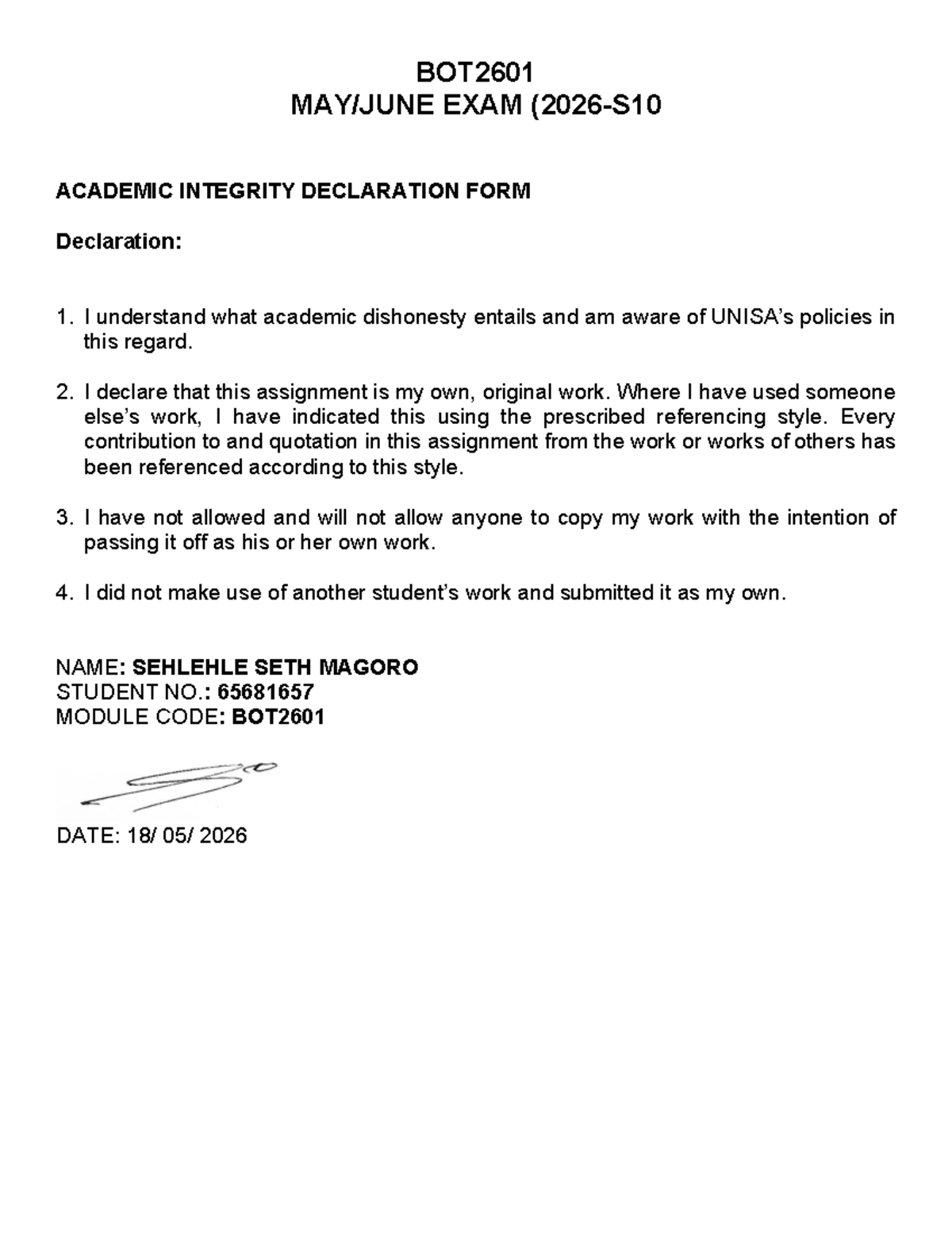 BOT2601 FINAL EXAM ACADEMIC INTEGRITY DECLARATION FORM - Studocu