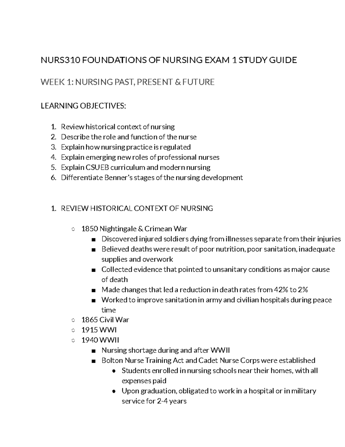 NURS310 Foundations of Nursing Exam 1 Study Guide: Key Concepts ...
