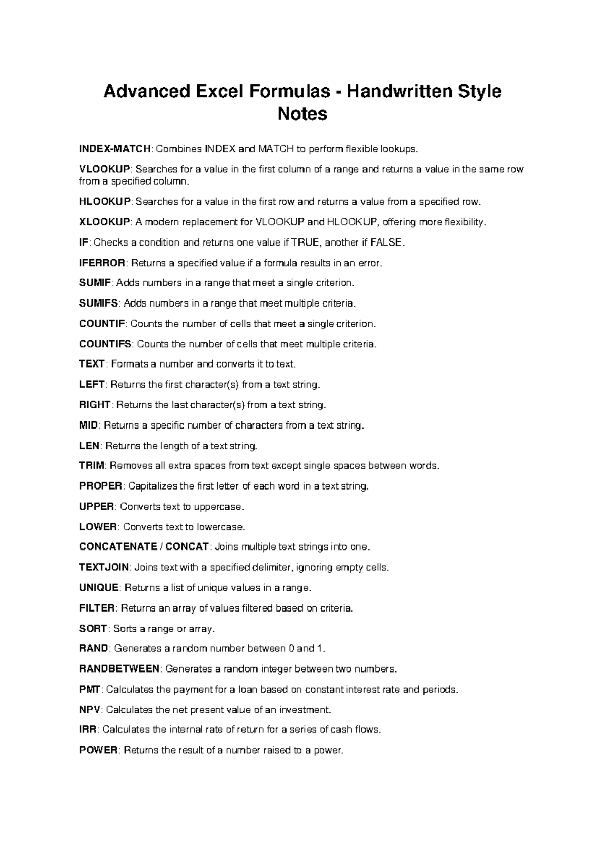 Advanced Excel Formulas Notes: INDEX, MATCH, VLOOKUP & More - Studocu