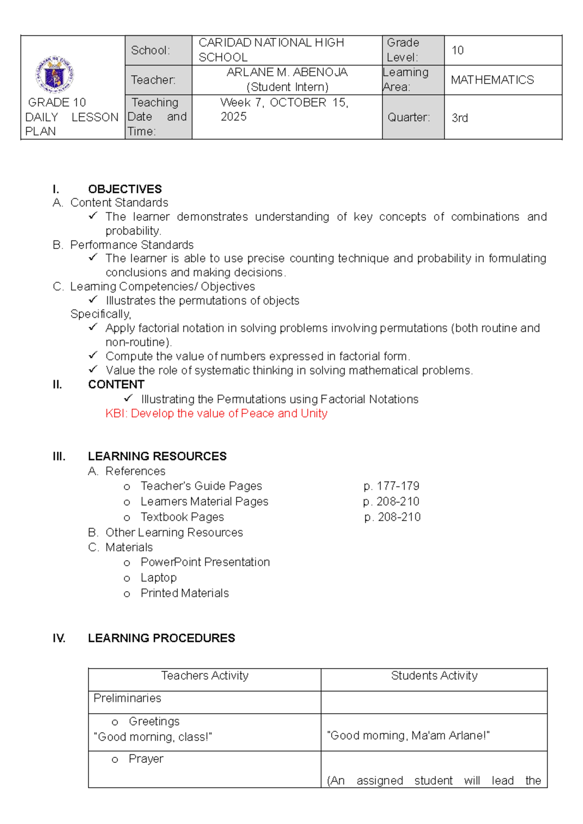 Grade 10 Math Lesson Plan: Permutations & Factorial Notation - Studocu