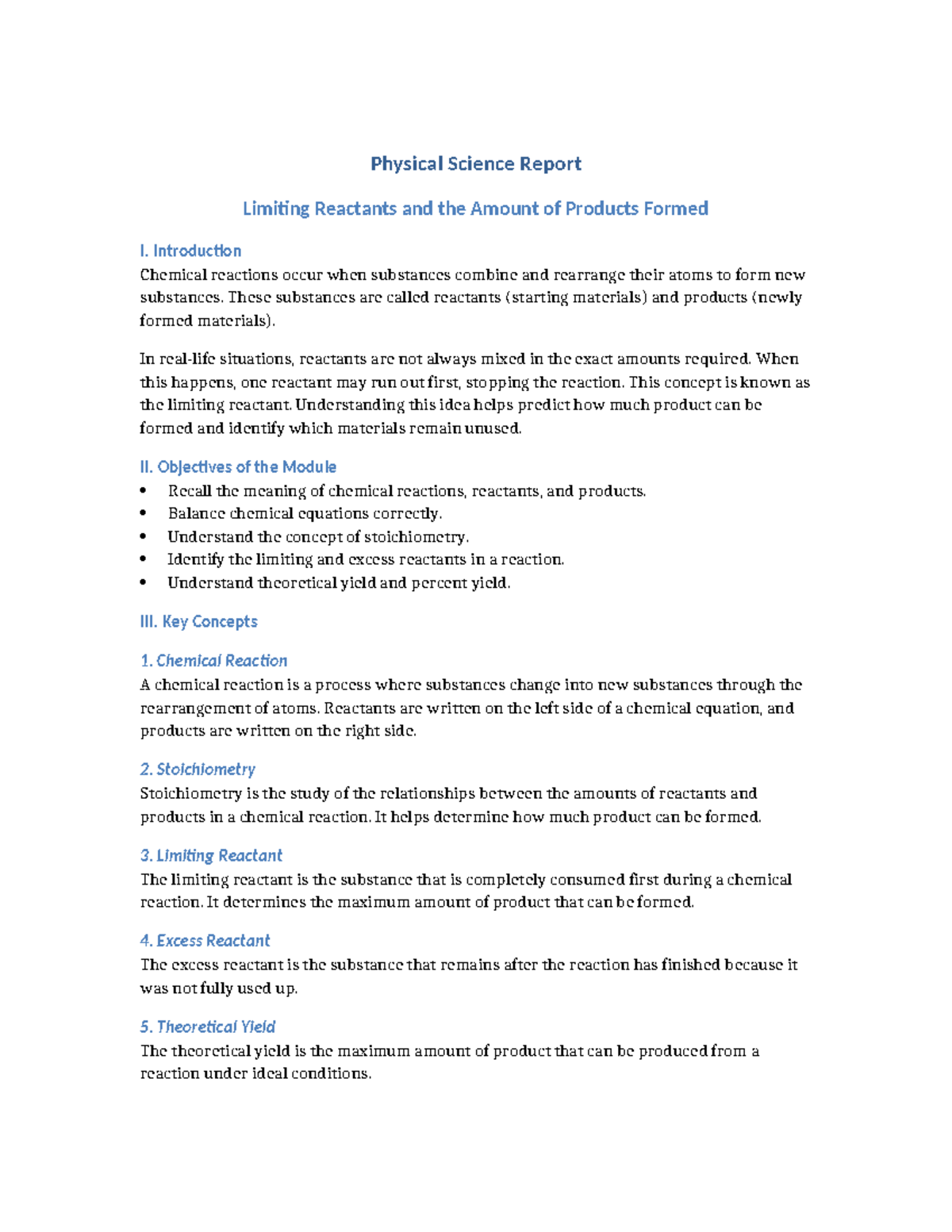 Physical Science Report: Limiting Reactants & Product Formation - Studocu
