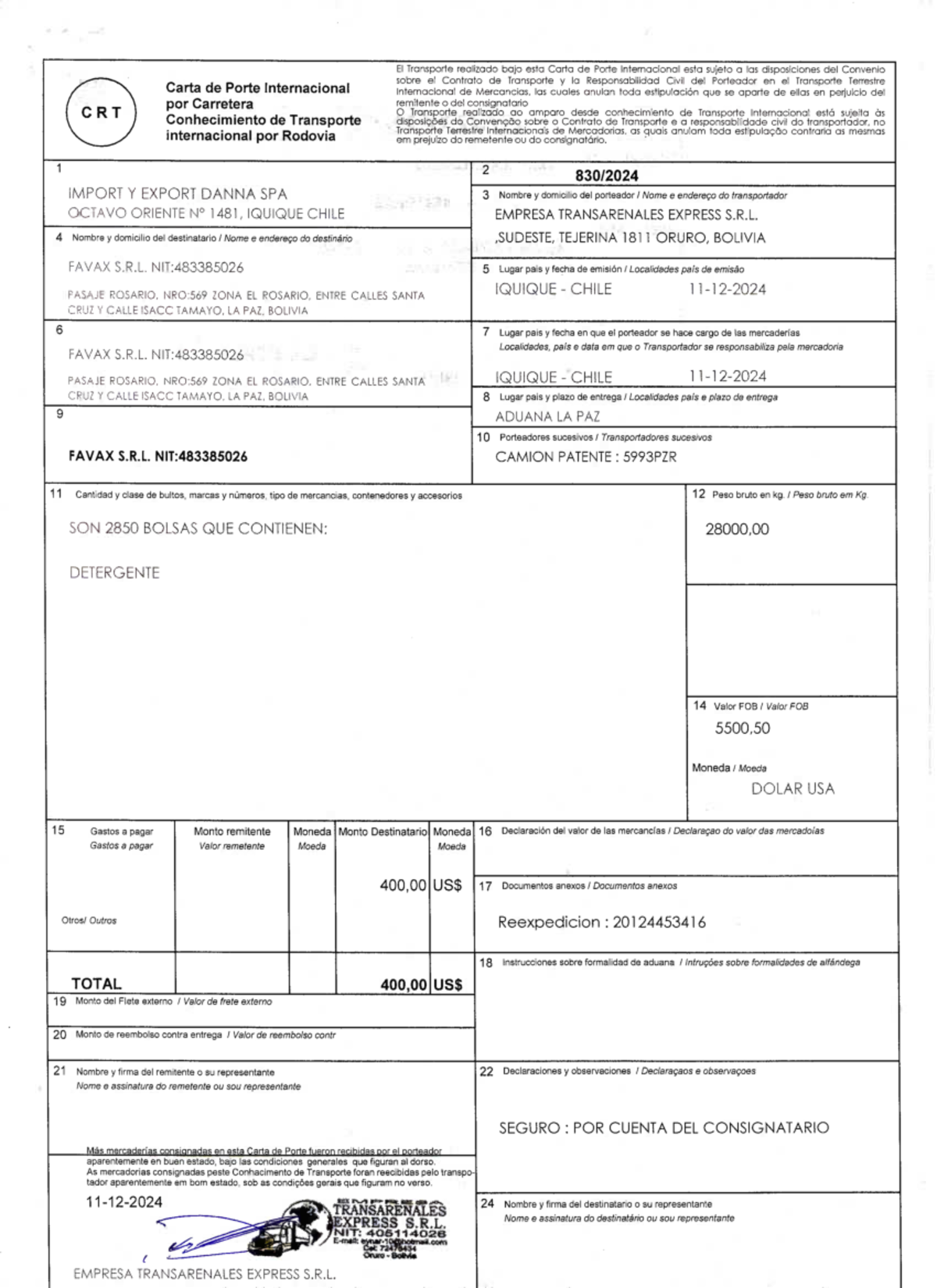 CRT 01016 - SXVVVVV - El Transporte realizado bajo esta Carta de Porte ...