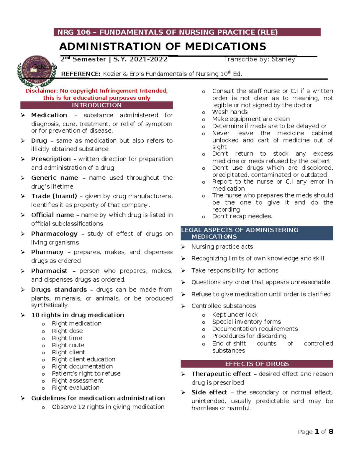 NRG 106 Fundamentals of Nursing Practice: Medication Administration ...
