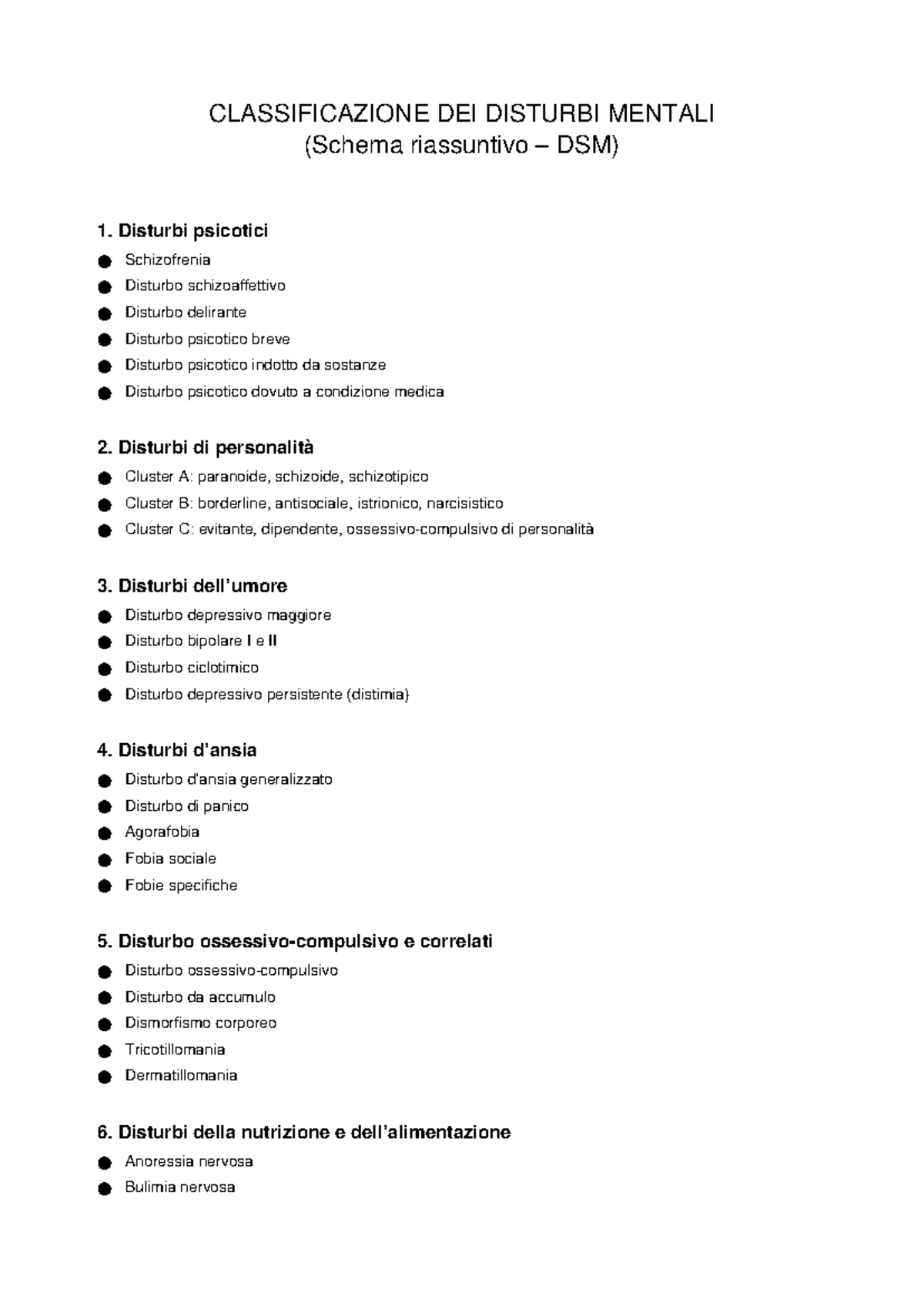 Classificazione Disturbi Psicologici DSM-5: Schema Riassuntivo - Studocu
