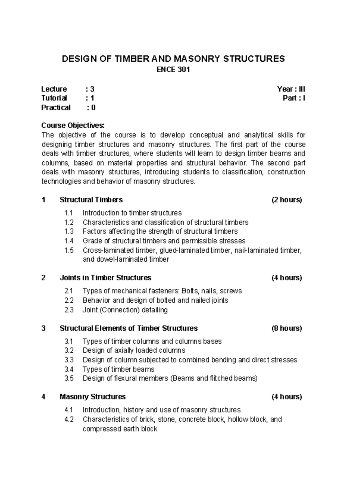 Design of Timber and Masonry Structures ENCE 301 Lecture Notes - Studocu
