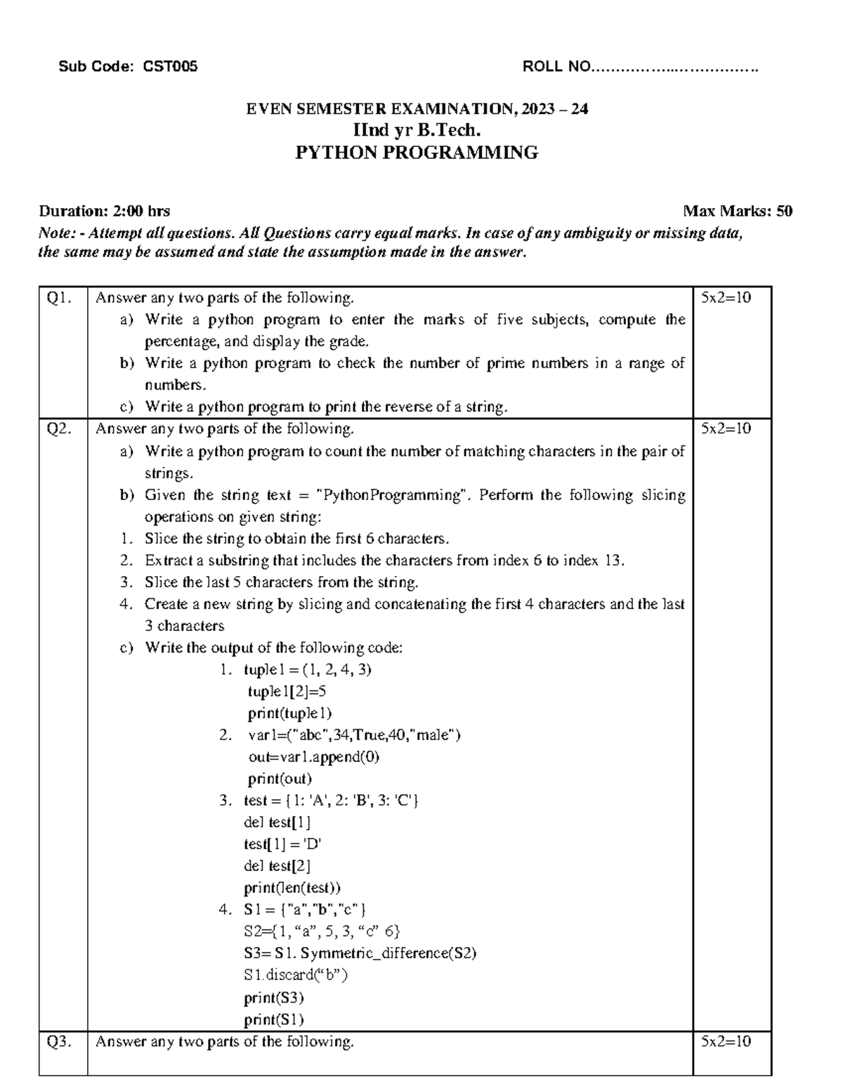 CST005 IInd Yr B.Tech Final Exam: Python Programming 2023-24 - Studocu