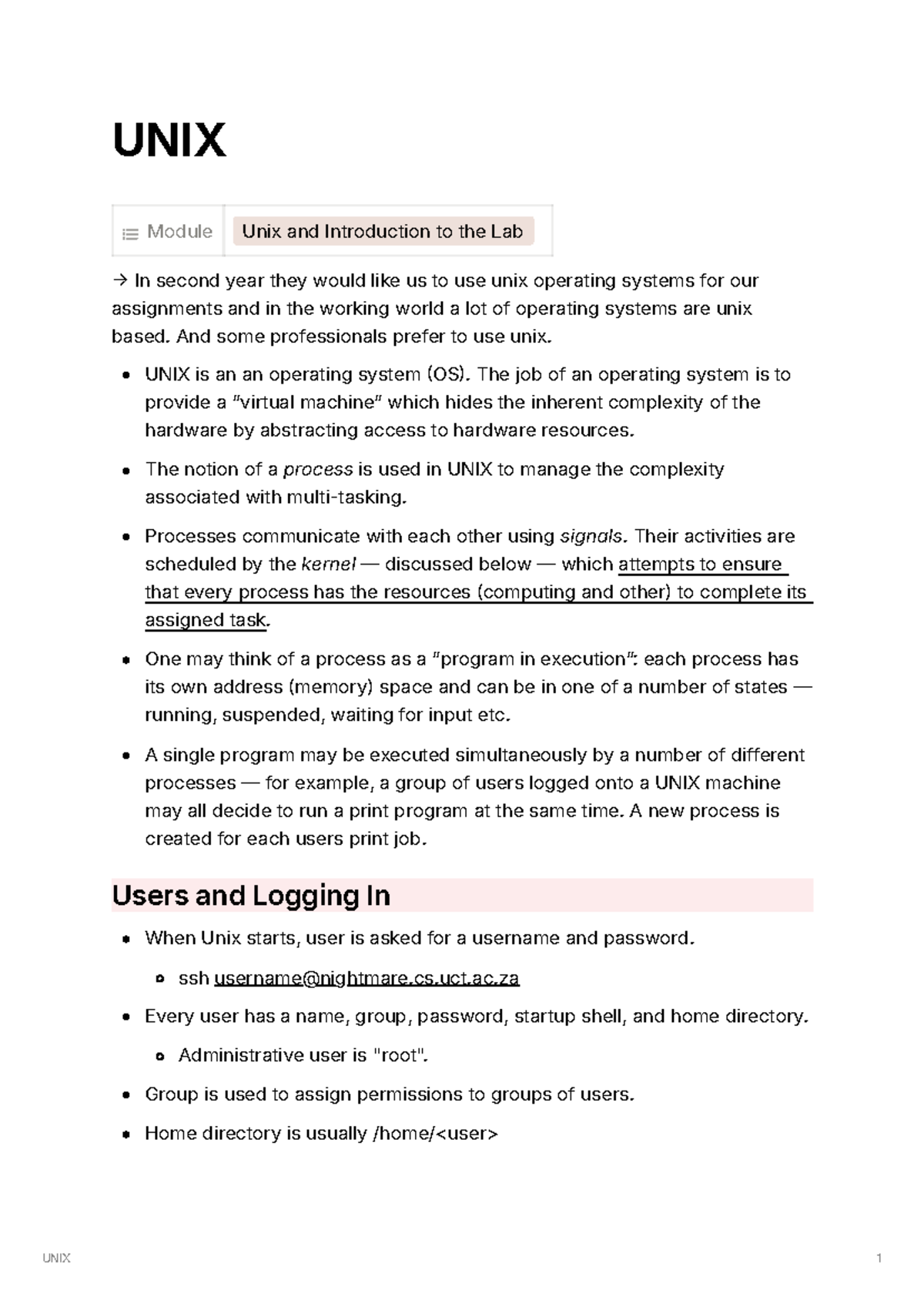 UNIX Lecture Notes - csc2001f: Overview and Commands - Studocu