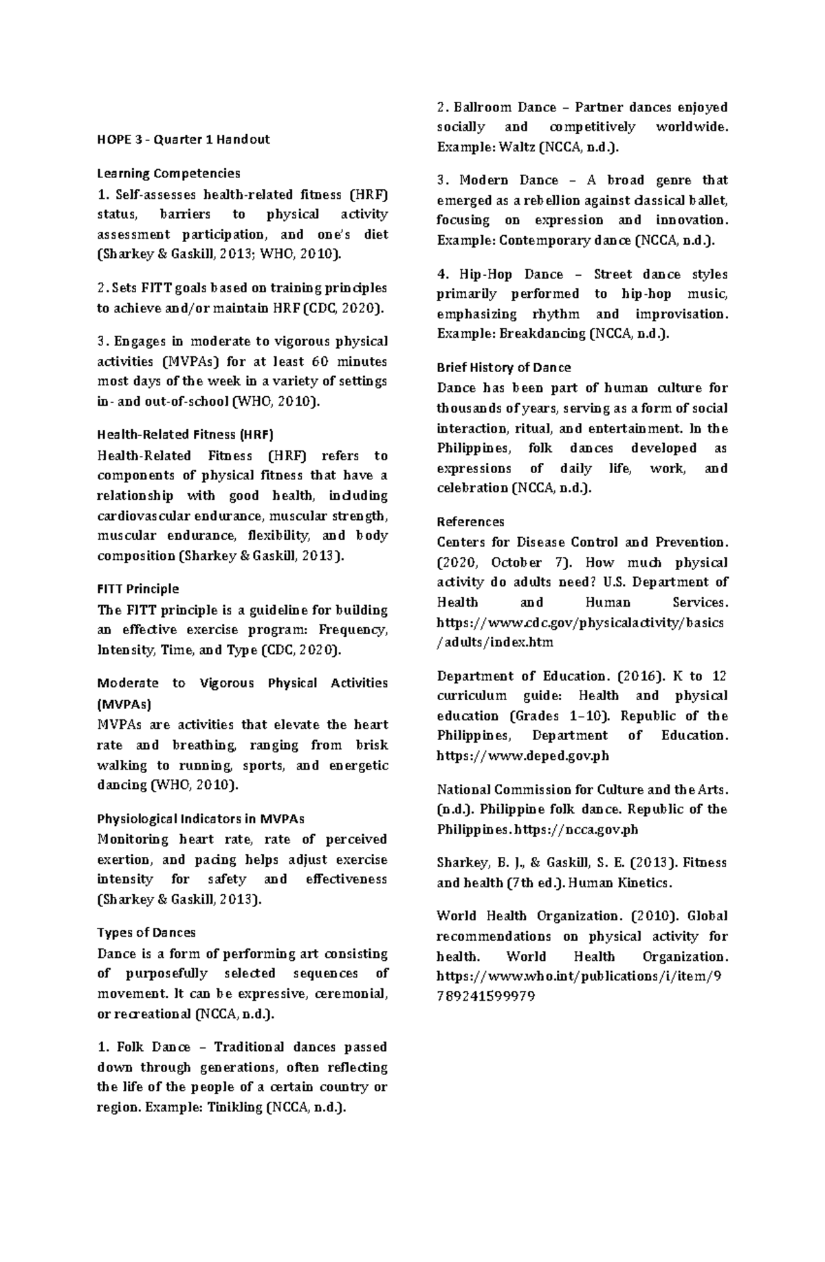 HOPE 3 Q1 Handout: Exploring Dance and Fitness Principles - Studocu
