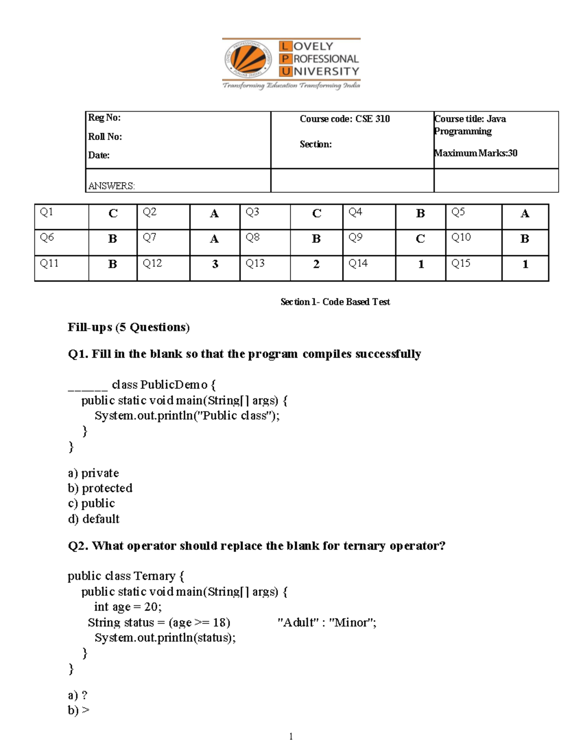 LPU CSE 310 Java Programming Set 17 Quiz Answers - Studocu