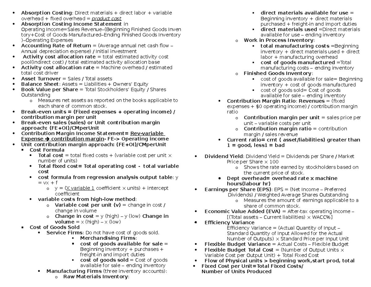 Formula sheet acct final - Absorption Costing: Direct materials ...