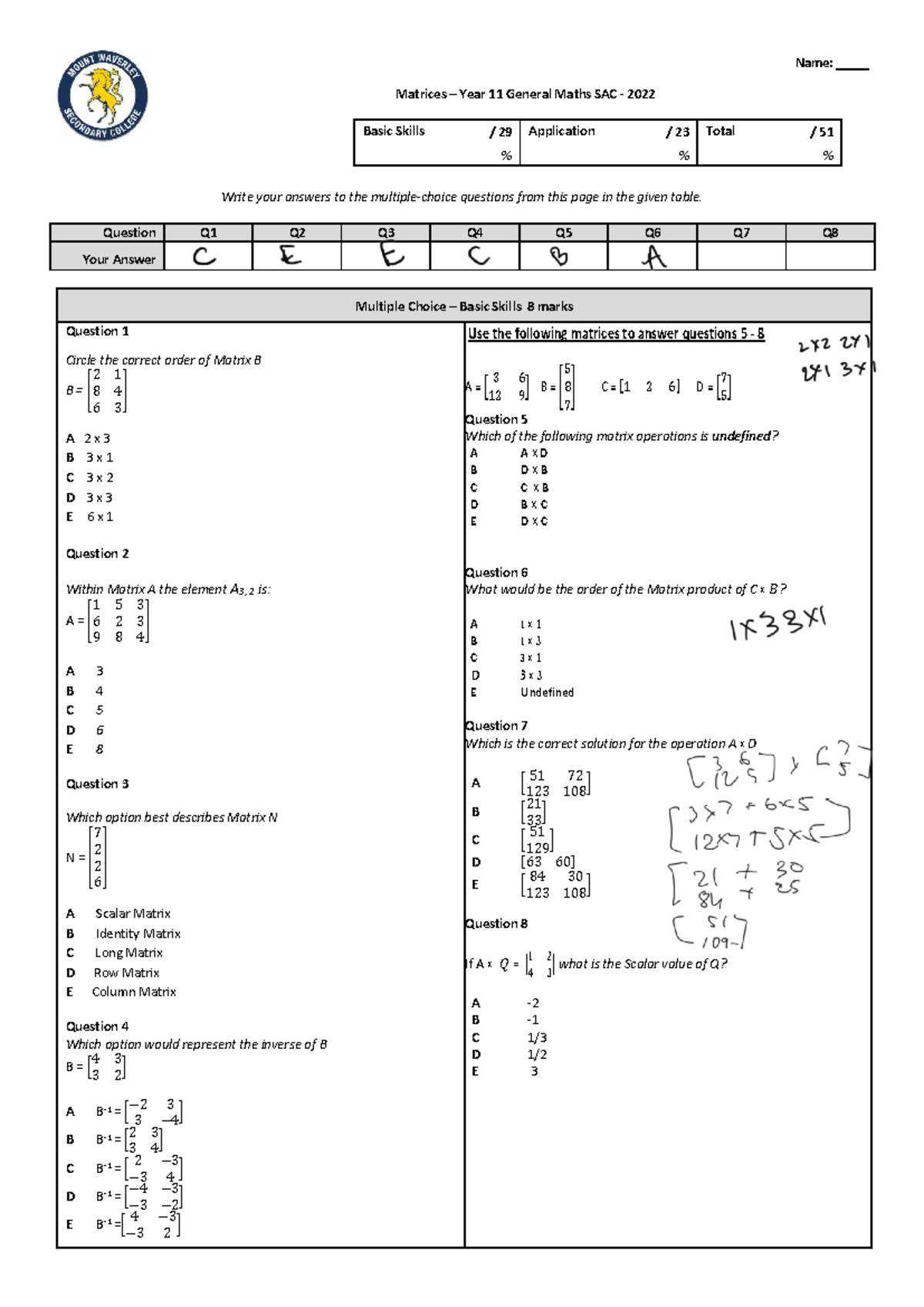 Year 11 General Maths SAC 2022: Matrices Basic Skills & Applications ...