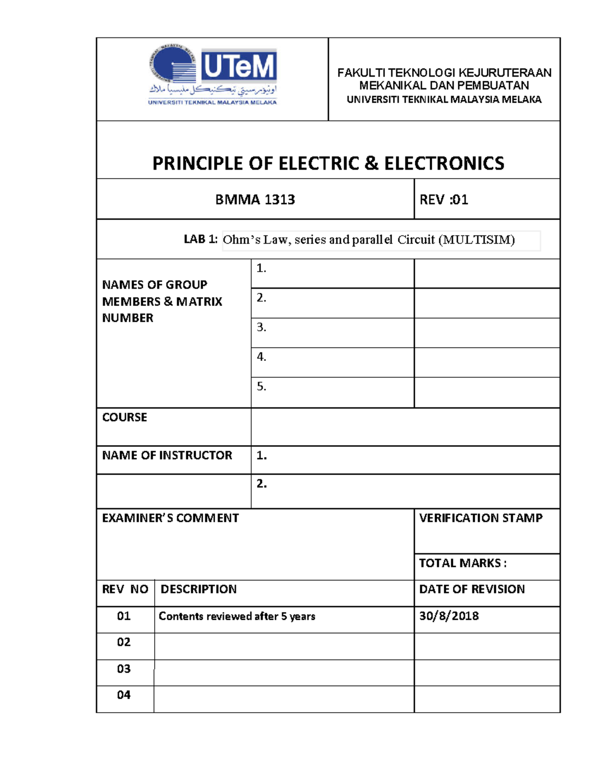BMMA 1313 Lab 1: Ohm's Law with Series & Parallel Circuits in Multisim ...