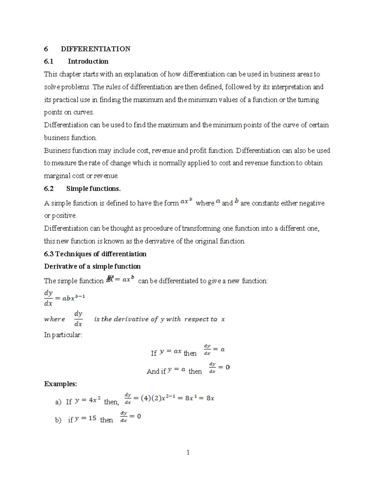 Differentiation - Notes for the unit Maths for Business - 6 ...