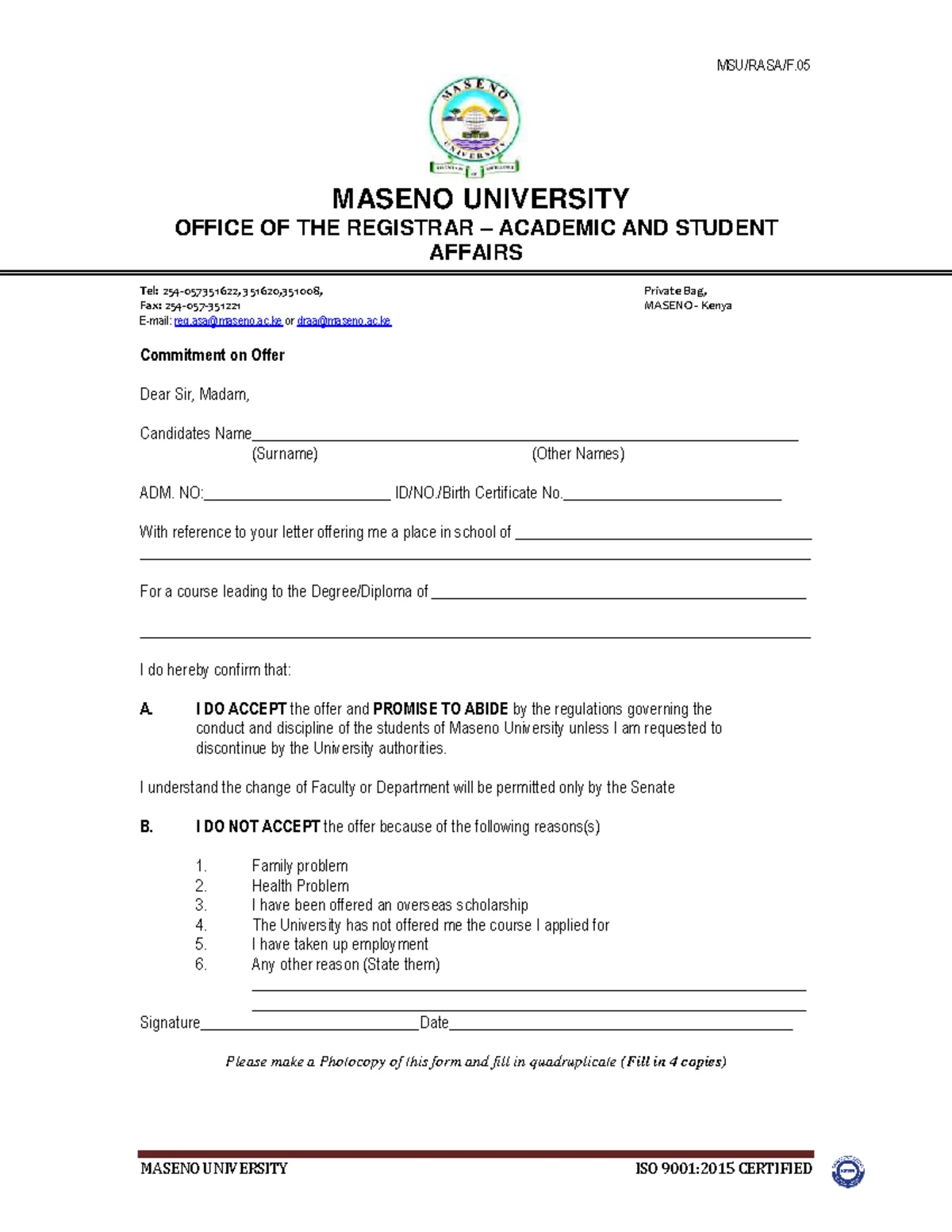 MSU/RASA/F: Student Declaration Form for Admission Compliance - Studocu