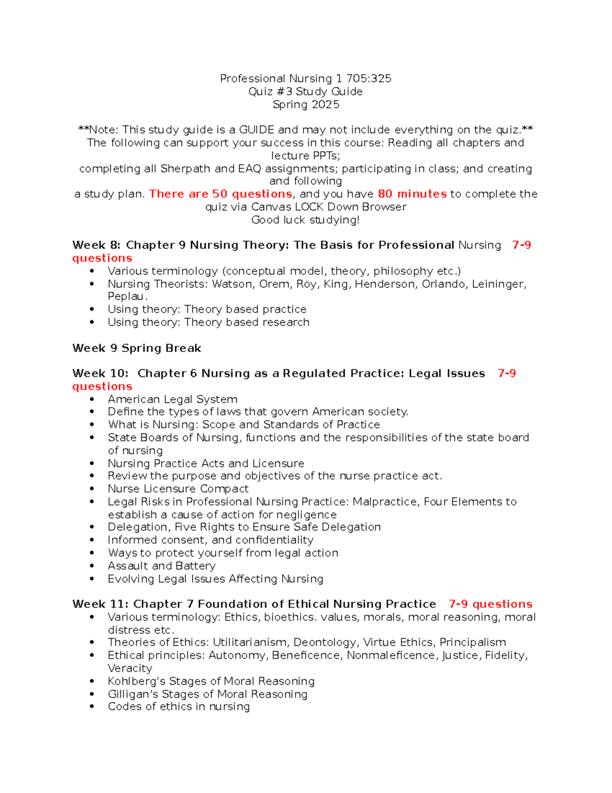 Professional Nursing 1 705:325 Quiz Study Guide Spring 2025 - Studocu