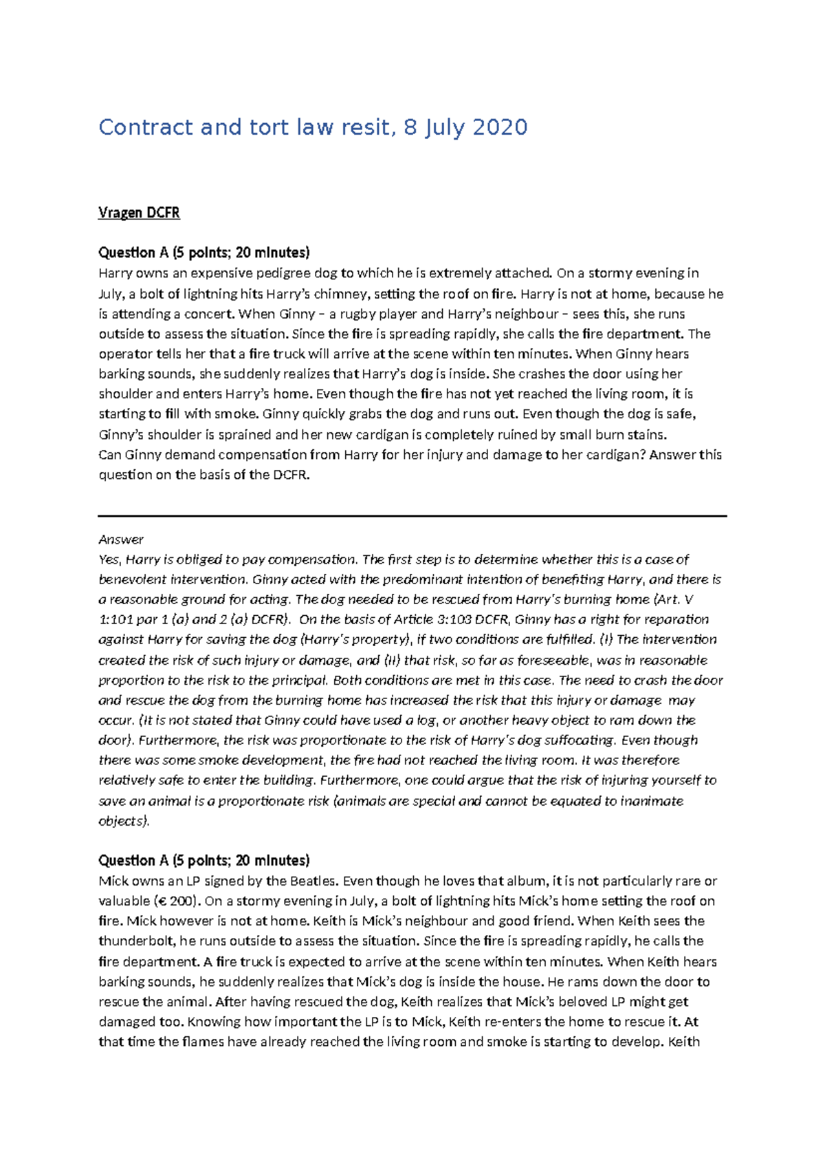 Mock Exam: Contract and Tort Law (DCFR) - Resit Notes - Studeersnel