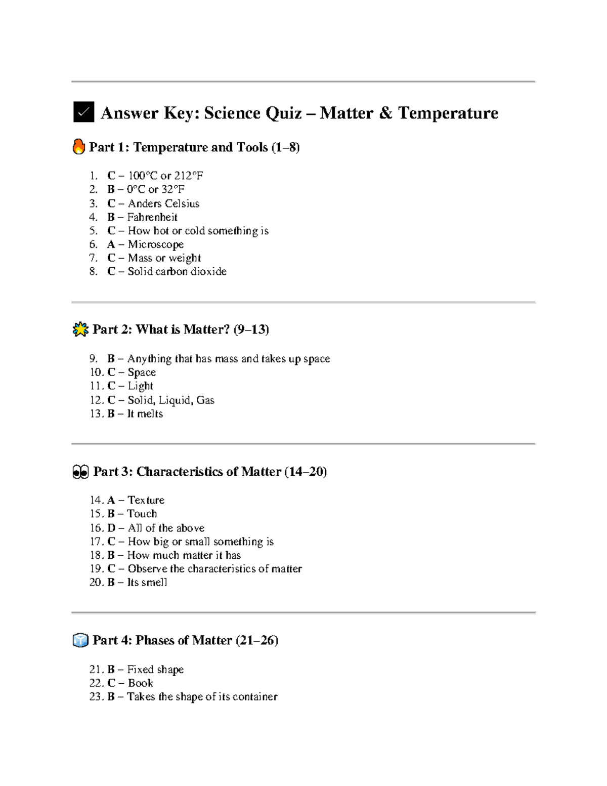 Answer Key: Science Quiz (Matter & Temperature) - Studocu