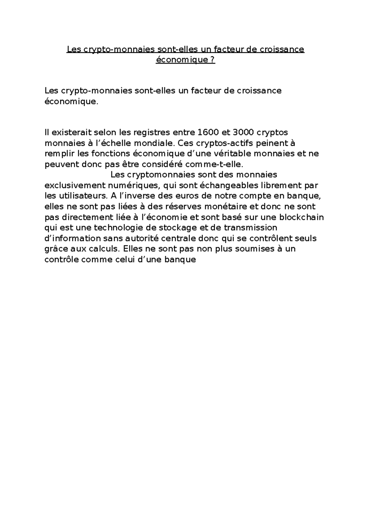 Grand Oral: Les Crypto-Monnaies et Leur Impact Économique - Studocu