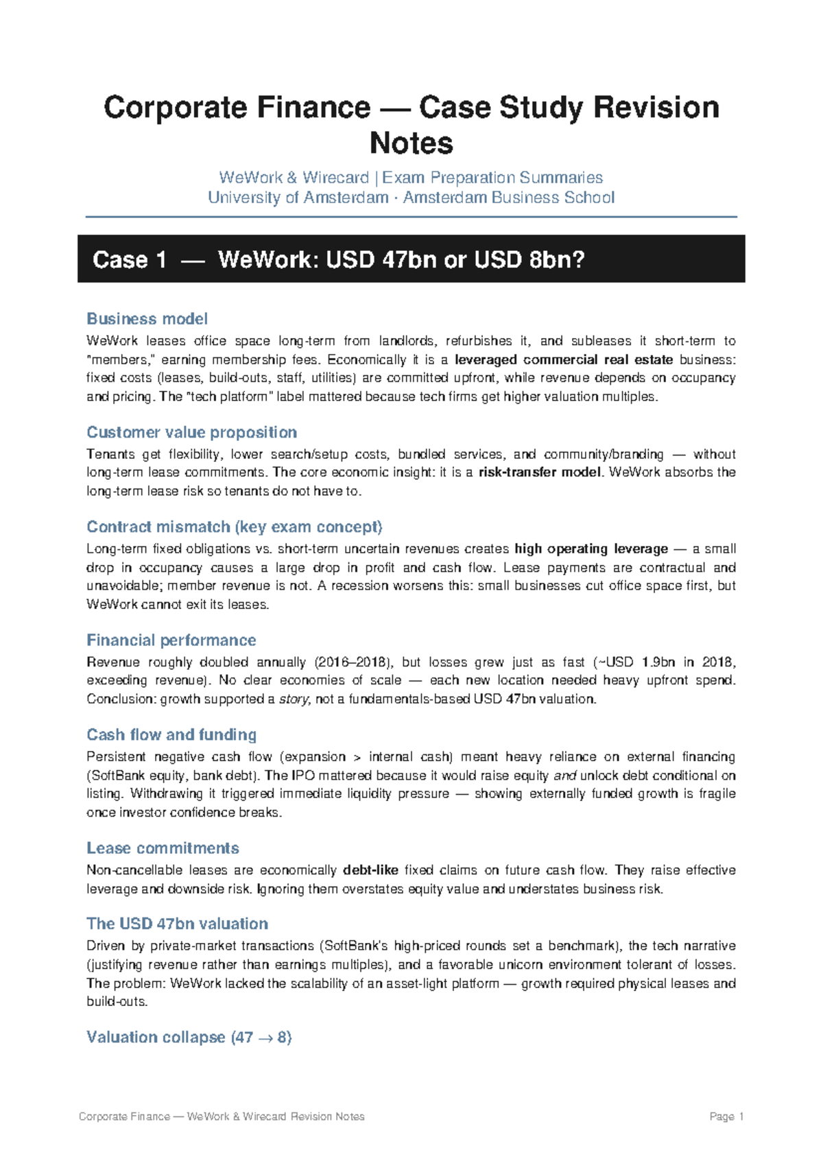 Corporate Finance Case Study Summaries: WeWork & Wirecard Exam