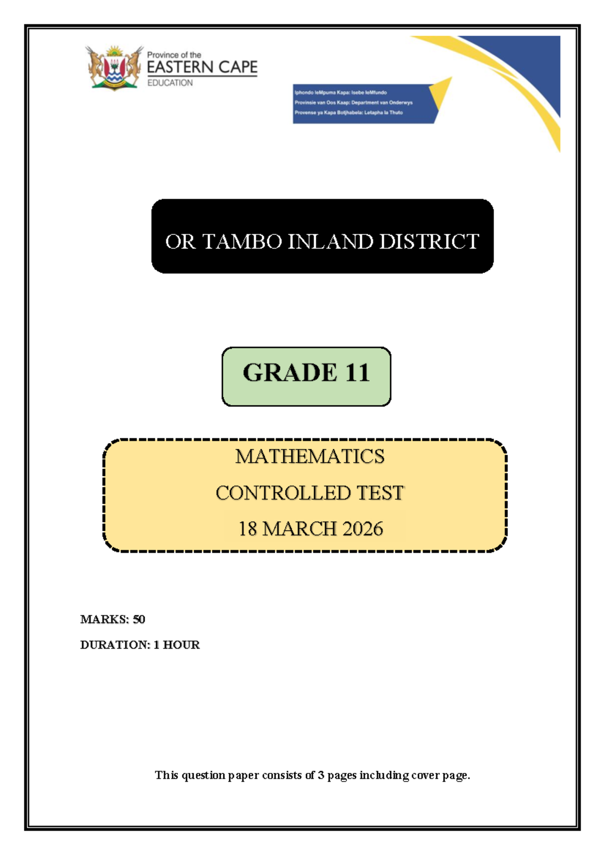 OR TAMBO INLAND DISTRICT GRADE 11 MATH CONTROLLED TEST MARCH 2026 - Studocu