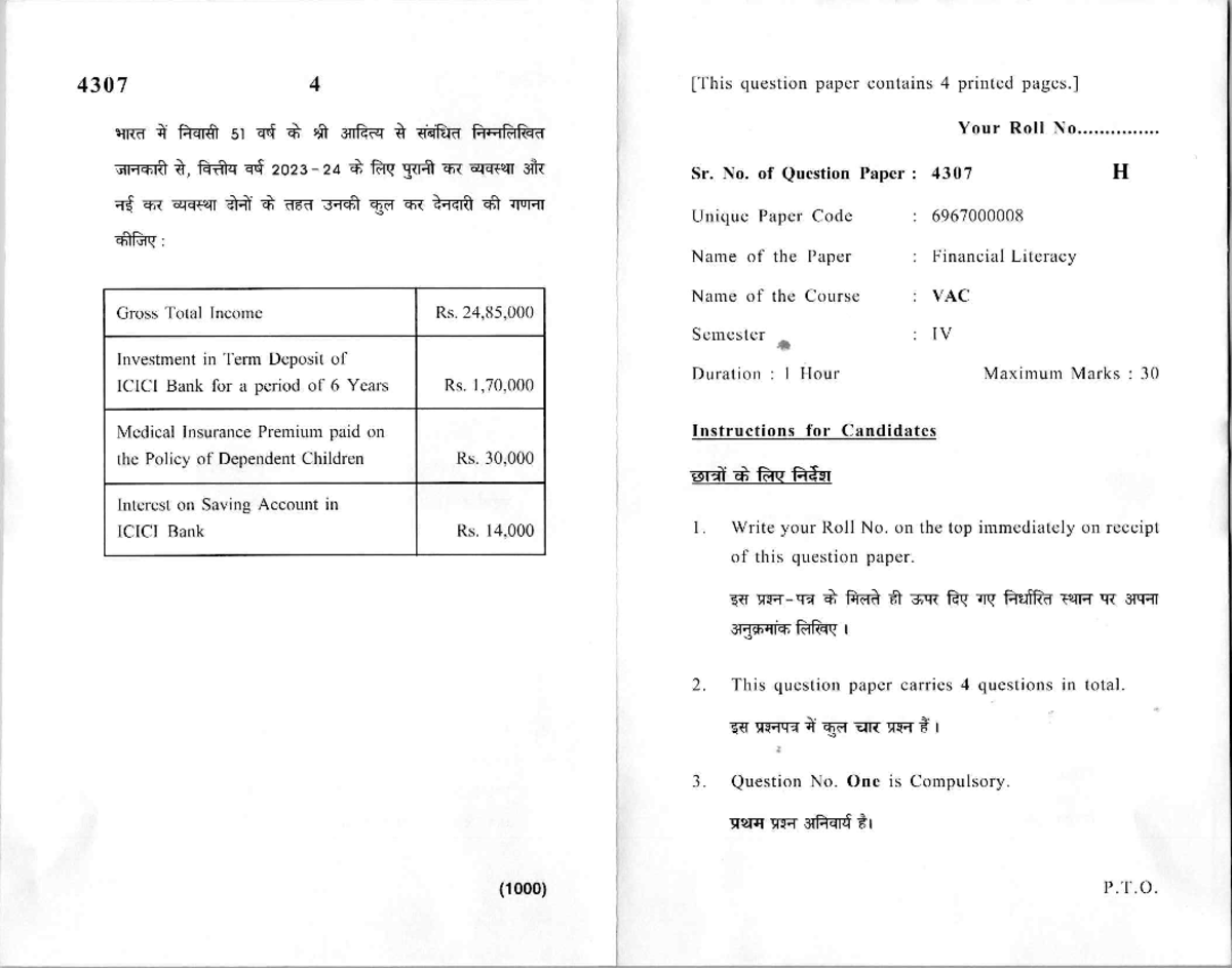 Financial Literacy 4307 - Previous Year Question Paper (Sem IV) - Studocu