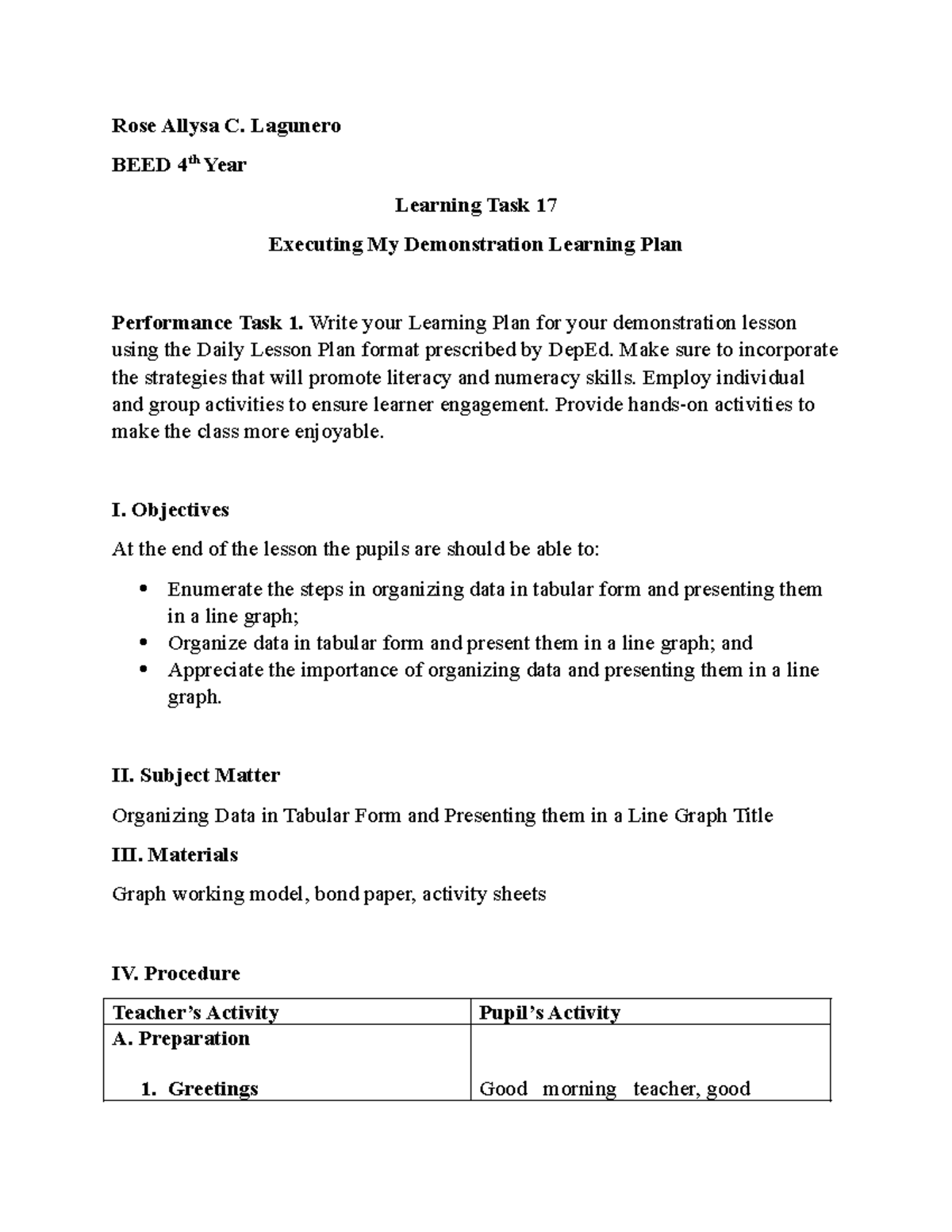 BEED 4 - Learning Task 17: Demonstration Learning Plan on Data ...