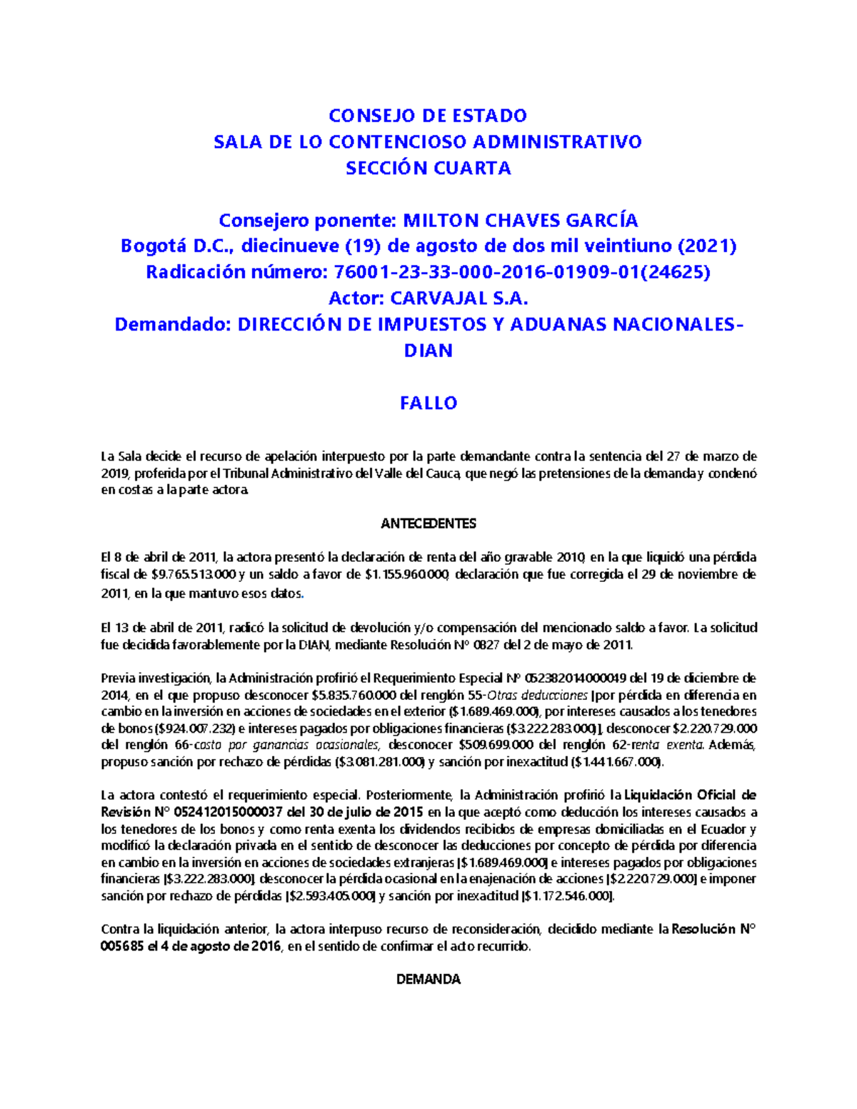 Sentencia Consejo de Estado, Rad. 2016-01909 del 19/08/2021 (24625