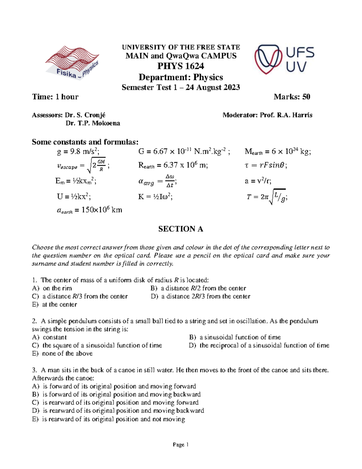 2023 PHYS 1624 Semester Test 1 - Main Campus Physics Exam - Studocu