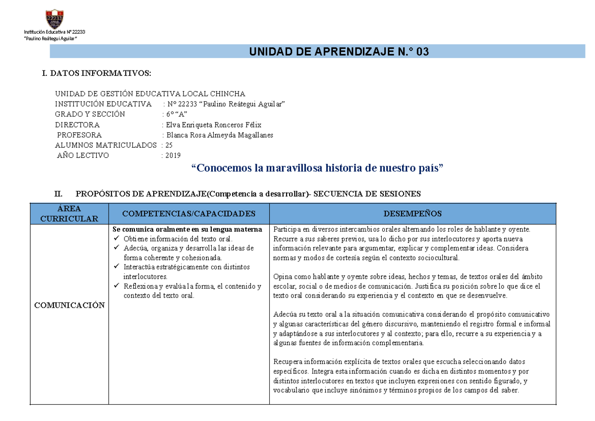 Unidad de Aprendizaje 03: Comunicación y Matemáticas en 6to Grado - Studocu