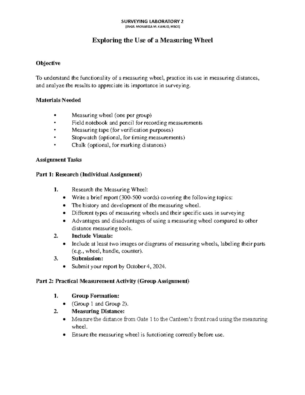ENGR 202: Surveying Lab 2 - Measuring Wheel Exploration Report - Studocu