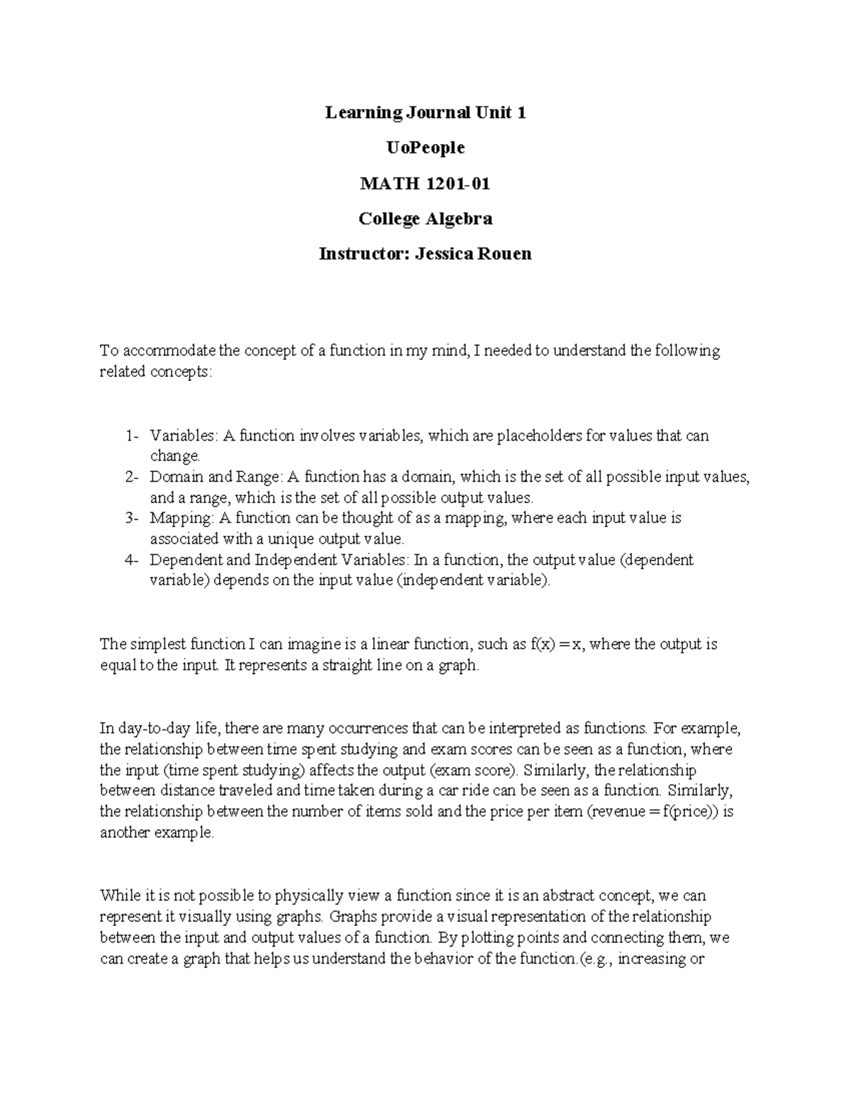 MATH 1201 College Algebra Learning Journal - Unit 1 Insights - Studocu