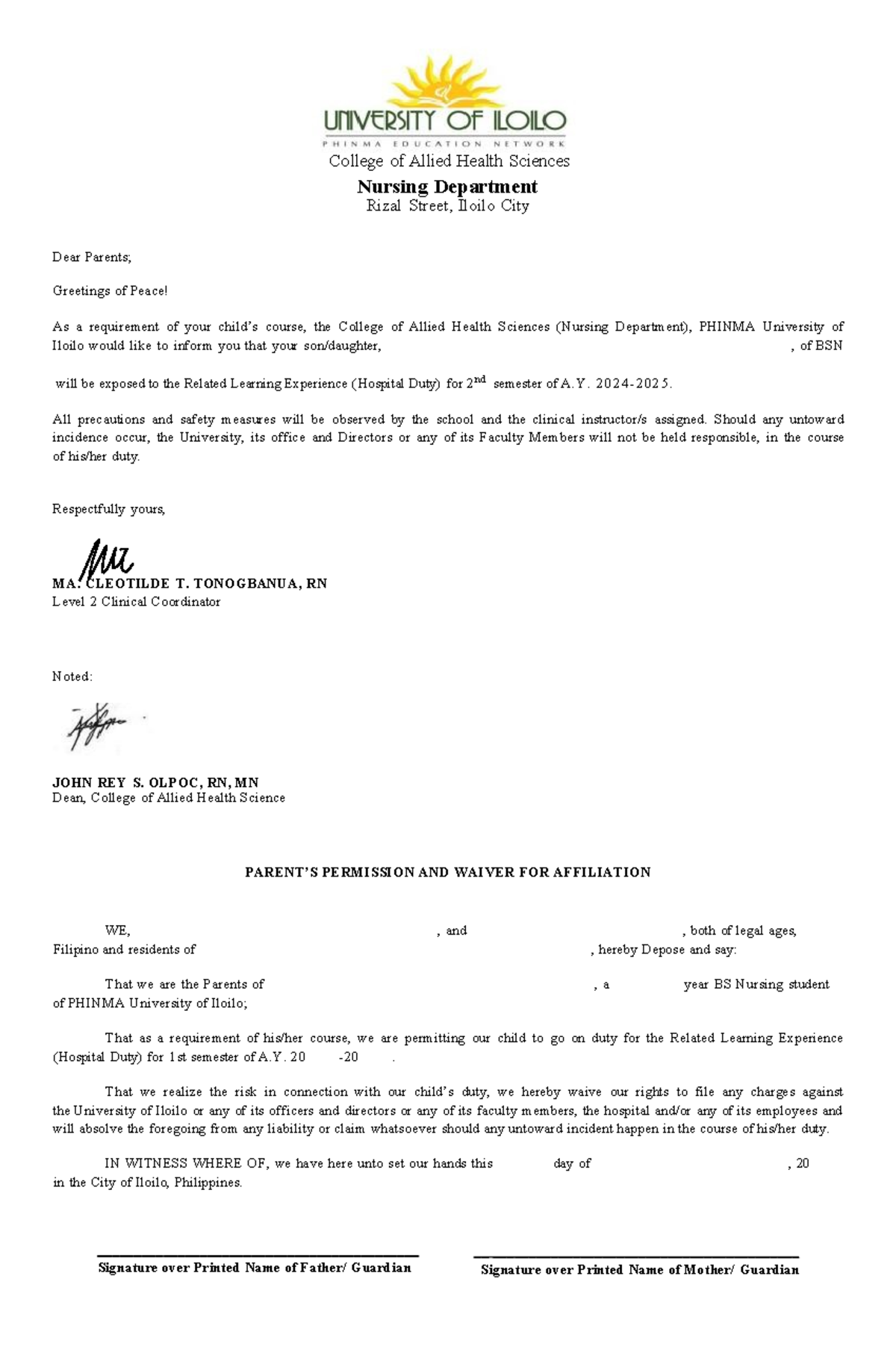 RLE-DUTY- Consent Letter for Nursing Students - Example - Studocu