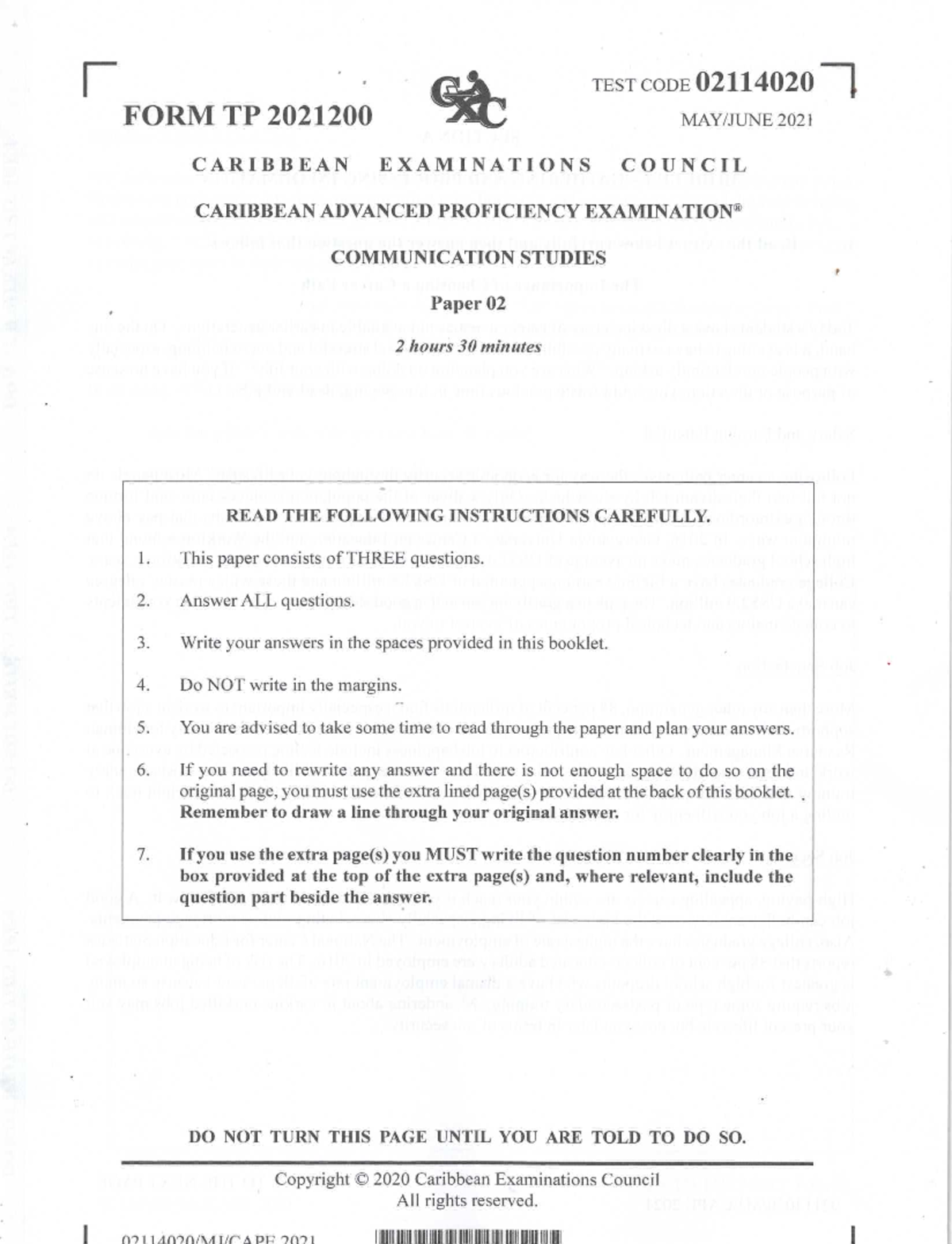 CAPE Communication Studies 2021 Paper 02 Exam Instructions - Studocu