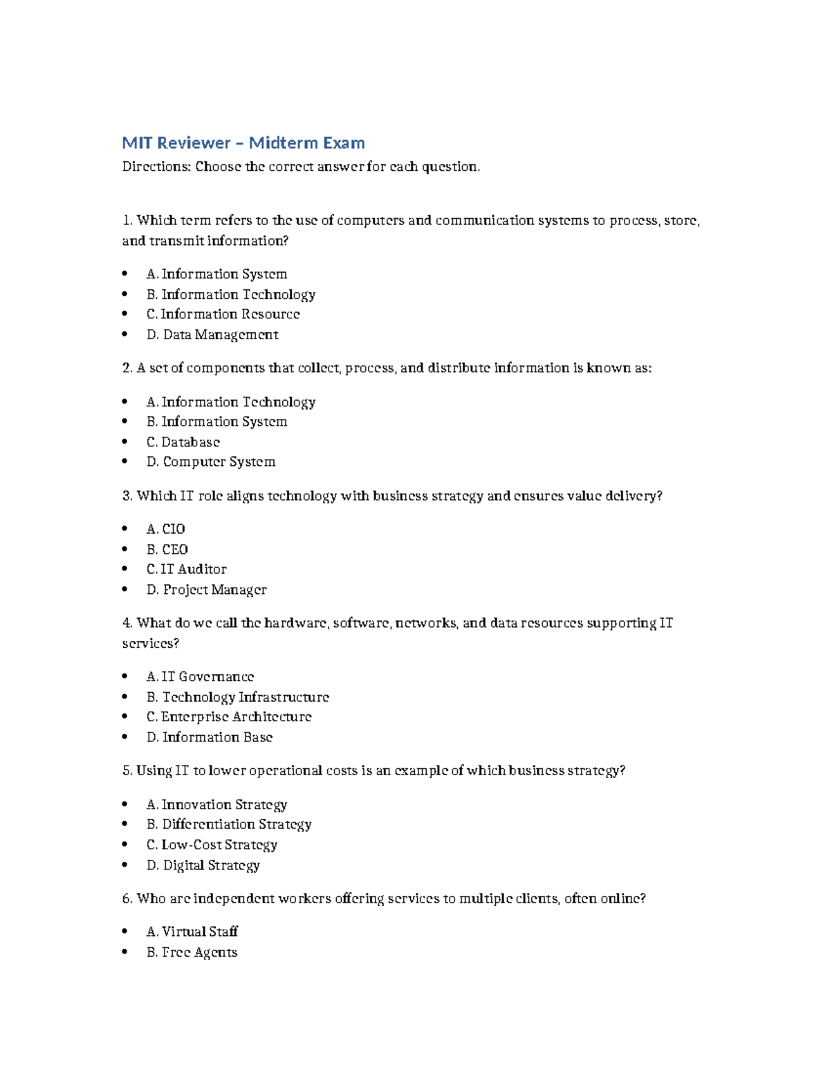 MIT Midterm Exam Reviewer: IT Concepts and Terminology - Studocu