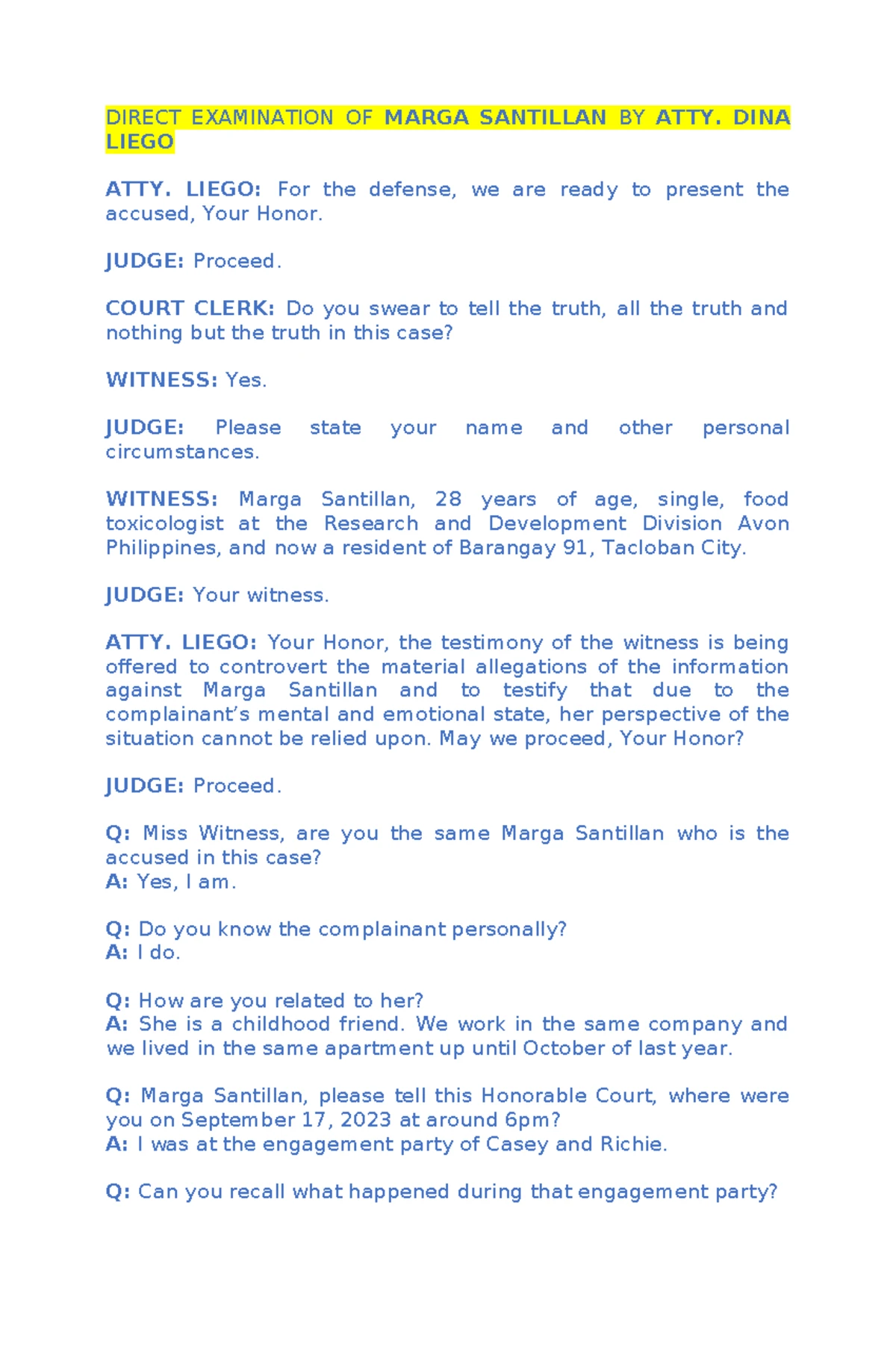 Direct Examination of Dr. Cherie Garcia - Medical Jurisprudence Exam ...