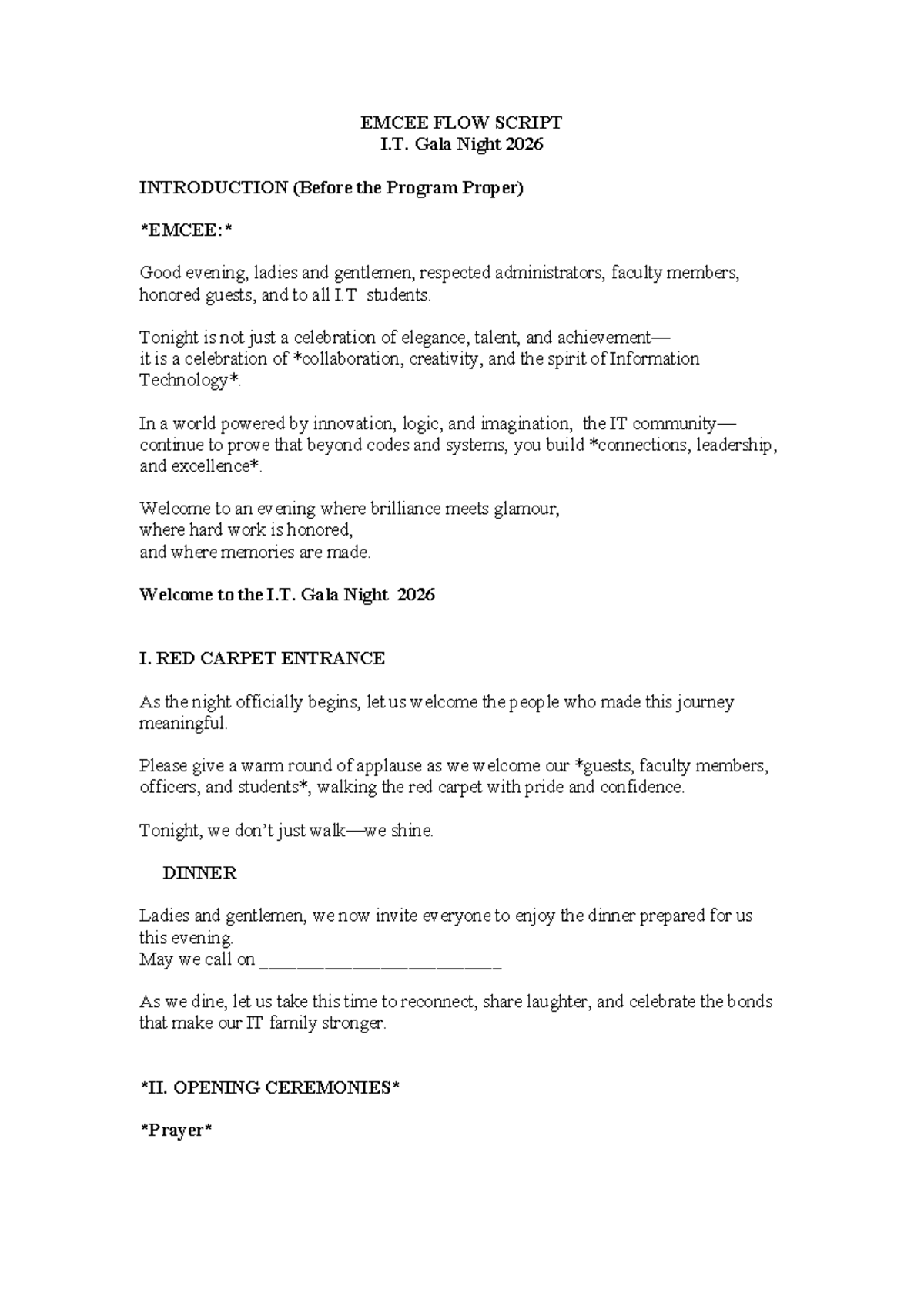 I.T. Gala Night 2026 Emcee Flow Script: Strategies & Highlights - Studocu